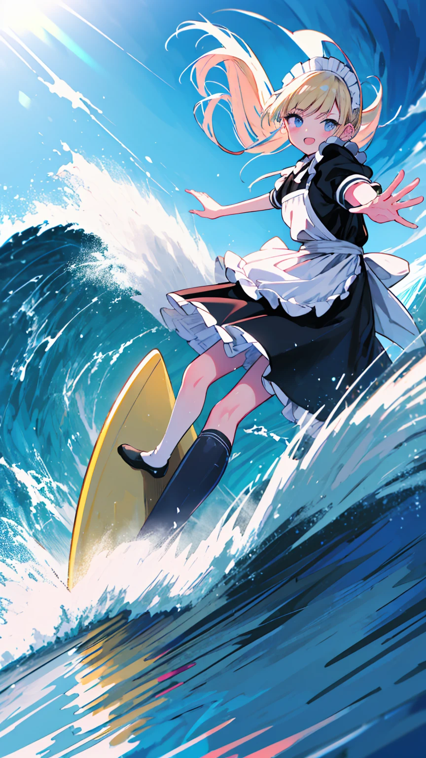 (8k, Best Quality, masterpiece: 1.2),Ultra-high resolution, 1 person, solo,Highly detailed face, Apron dress, Black Dress, White apron, black and white maid outfit, Random Hairstyles, Gay Hair, surfing, sea, Wave, sunlight, Ecstatic expression, Splash, Overall image, Flooding, Wet, surfboard, 