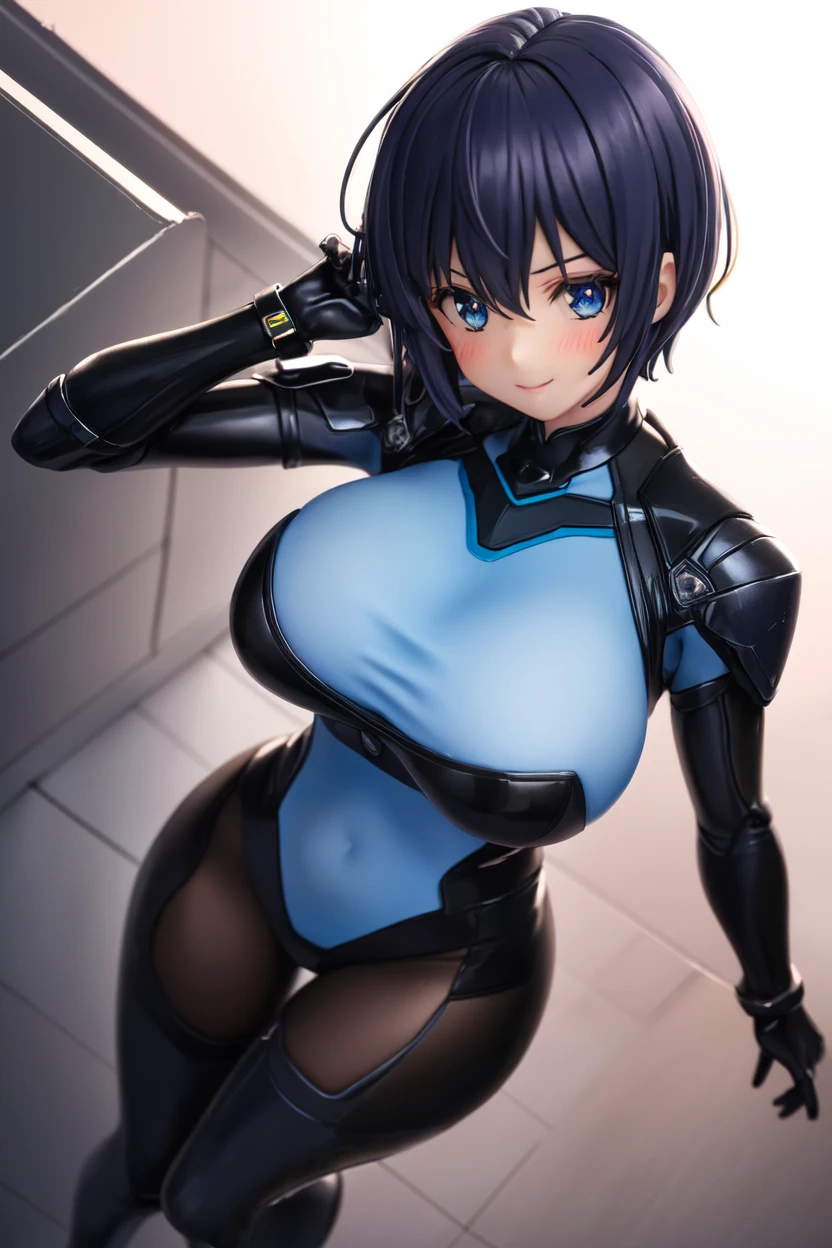 ((Table t○p, Highest quality, High Resolution、Anime Screen Capture、Pixel Perfect, 8K、sf)))、Perfect Anat○my、Female police officer、((((Muscular))))、(((Swollen nipples、Huge breasts、Wide Hips、Wide thighs)))、(B○th armpits、Place your hands behind your head)、((Navy Blue Cyber Suit、Blue Protector))、Sweat, vap○r,(Yellow Eyes)、((Bobcut、Black Hair)),  ((((:or))))、surprised、(((Embarrassing、blush)))、(In town)、from the front