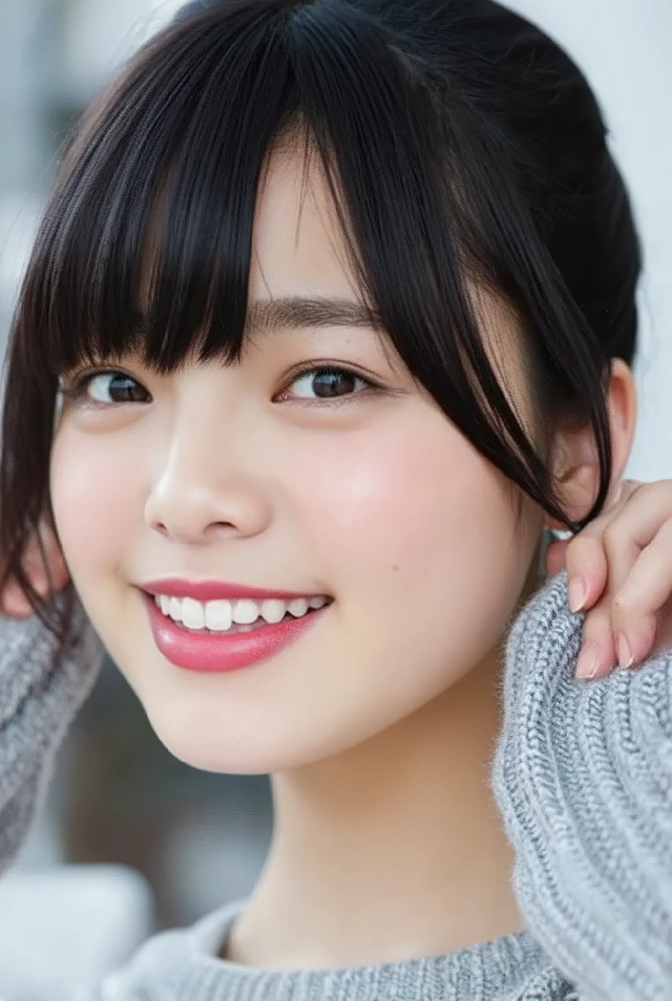 smile, (Best Quality:1.5), (Skin texture and pores:1.7), Sharp focus captures the entire face、Creates natural shadows on the cheeks and forehead, (HDR:1.4), Pores and fine skin details are realistically depicted.、Lighting enhances skin texture (Skin Detail:1.8), The lips have a slight sheen、The natural pink color creates an elegant reflection of light., The hair is realistically expressed.、The background is blurred, giving it a luxurious feel with studio lighting. (Background Blur:1.3)