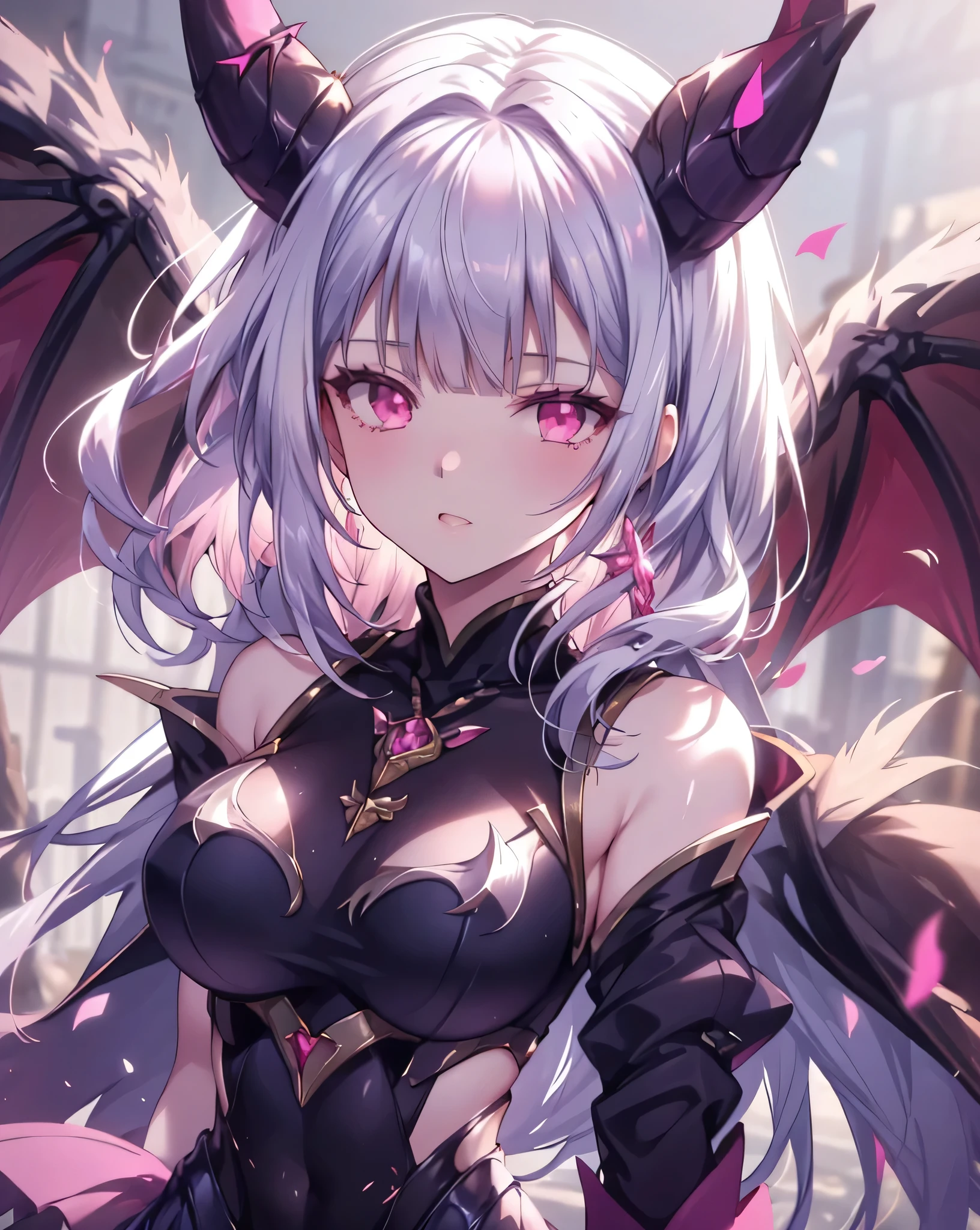 masterpiece, best quality, 1woman, 1girl, solo, 8k uhd, natural shading, good lighting, detailed fingers, detailed face, high resolution, white hair, long hair, blunt bangs, pink eyes, huge breasts, horns, wings, demonic clothing, black dress, pink armored, short skirt, thighhigh, amulets, outdoors, debris, simple backround,