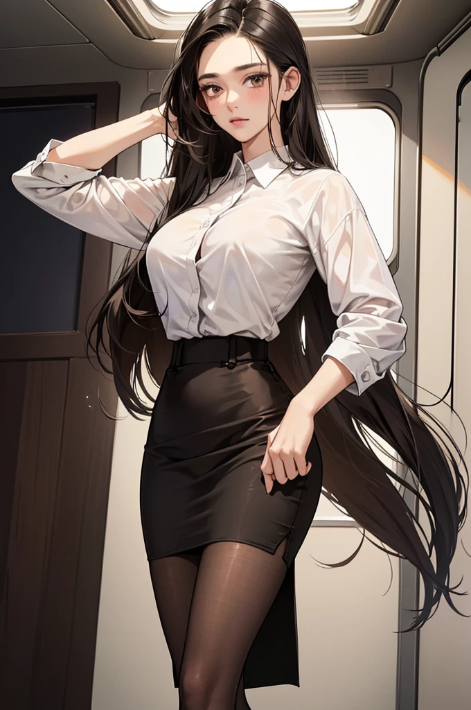 Sexy aesthetic wet short skirt white shirt short black skirt black stockings long hair glasses hands raised