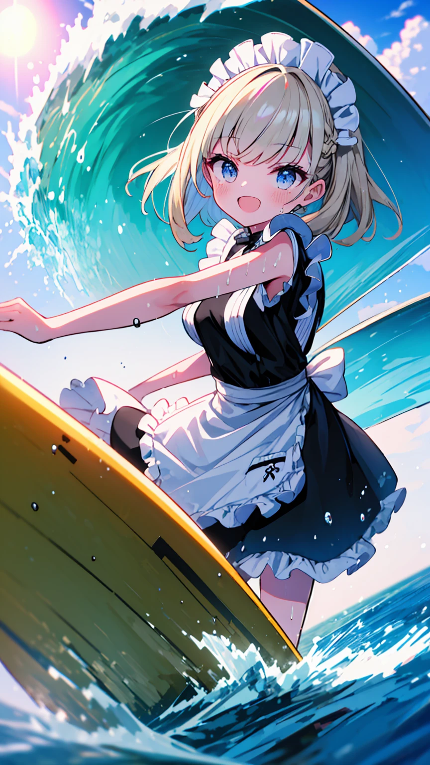 (8k, Best Quality, masterpiece: 1.2),Ultra-high resolution, 1 person, solo,Highly detailed face, Apron dress, Black Dress, White apron, black and white maid outfit, Random Hairstyles, Gay Hair, surfing, sea, Wave, sunlight, Ecstatic expression, Splash, Overall image, Flooding, Wet, surfboard, 