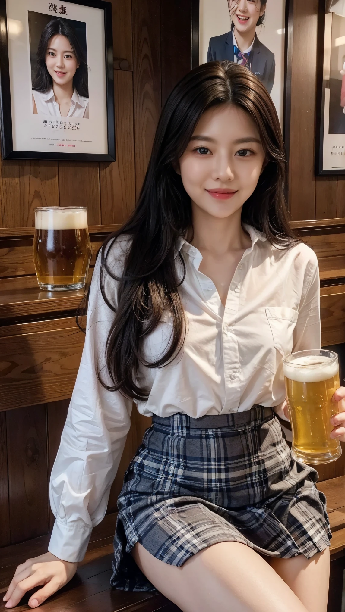 A young woman with long, dark hair sits in a cozy setting, smiling and holding up a large beer mug filled with a light-colored drink. She's wearing a schoolgirl-inspired outfit with a white shirt and a plaid skirt. The background features a calendar for 2022, posters including a beer advertisement, and colorful decorations with Chinese characters. Her cheeks are slightly flushed, conveying a cheerful and relaxed atmosphere.