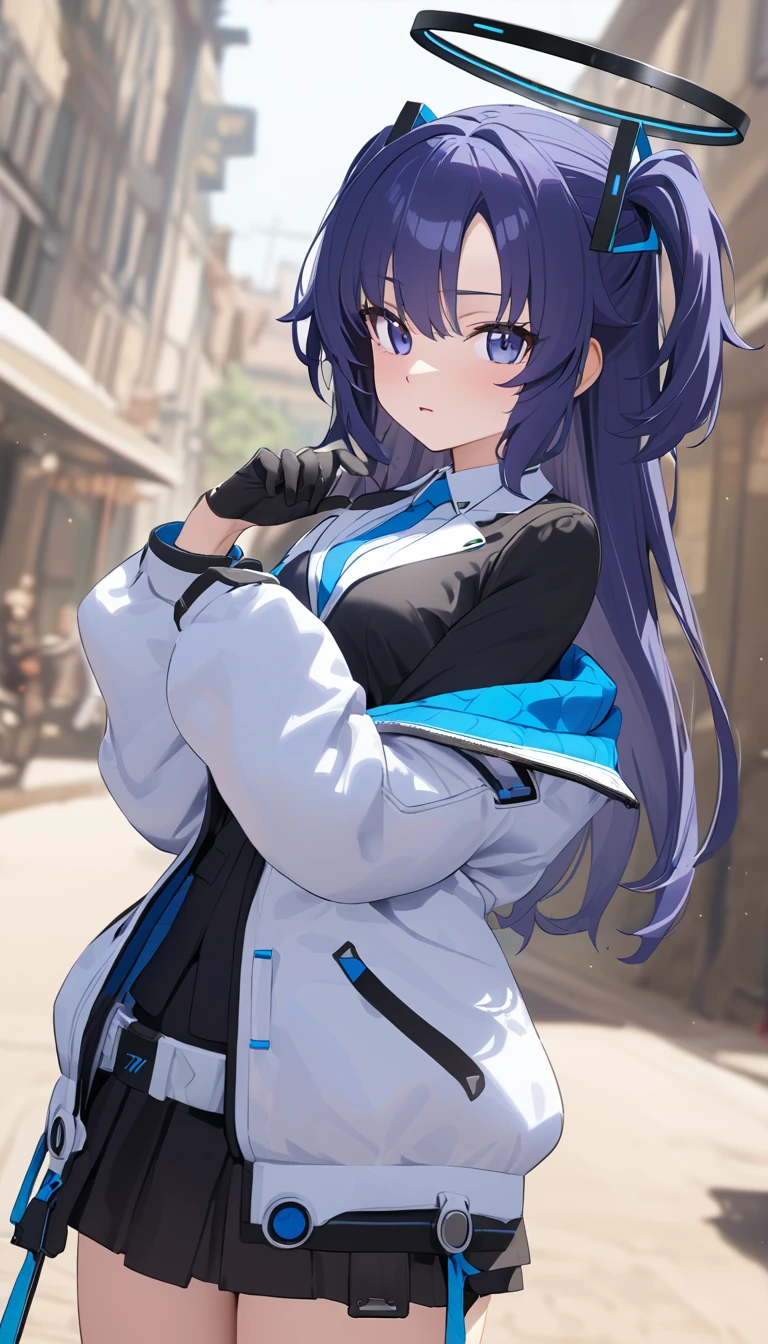 bluearchiveYuuka, Yuuka, blue eyes, halo, Purple Hair, Both sides up, Long Hair,
break belt, black gloves, black jacket, black skirt, blue tie, gloves, halo, jacket, tie, Off the shoulder, skirt, Double-sided fabric, two-sided jacket, White Belt, (white jacket:1.5),
break looking at viewer, 
break outdoors,
break (masterpiece:1.2), Best Quality, High resolution, unity 8k wallpaper, (figure:0.8), (Beautiful fine details:1.6), Highly detailed face, Perfect lighting, Extremely detailed CG, (Perfect hands, Perfect Anatomy),