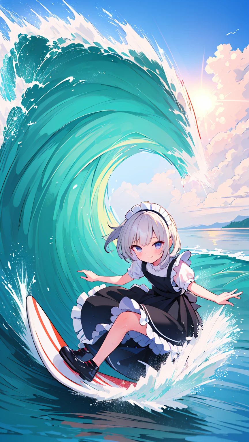 (8k, Best Quality, masterpiece: 1.2),Ultra-high resolution, 1 person, solo,Highly detailed face, Apron dress, Black Dress, White apron, black and white maid outfit, Random Hairstyles, Gay Hair, surfing, sea, Wave, sunlight, Ecstatic expression, Splash, Overall image, Flooding, Wet, surfboard, 