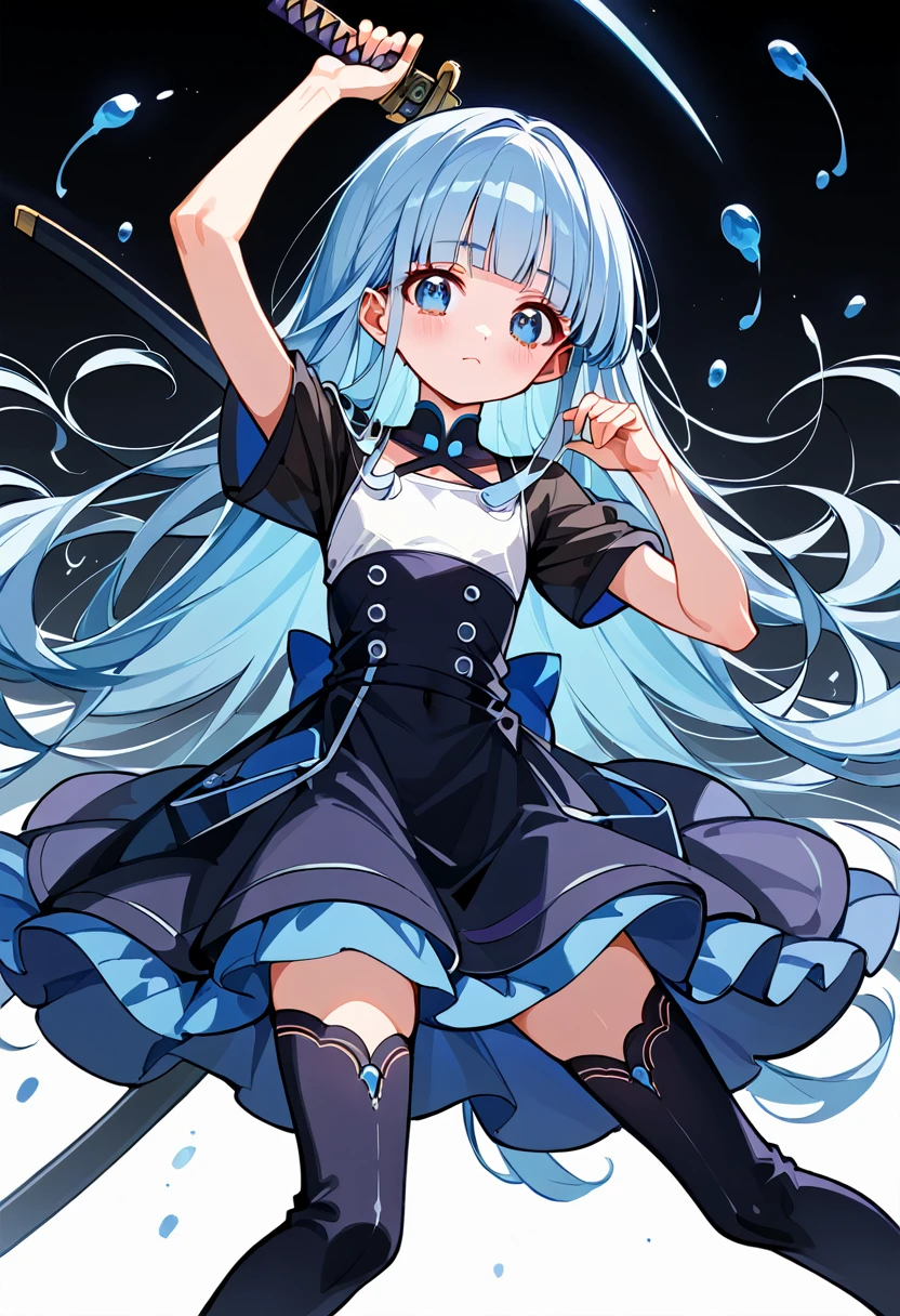 masterpiece, best quality, extremely detailed, (illustration, official art:1.1), 1 girl ,(((( light blue long hair)))), ,(((( light blue long hair)))),light blue hair, , long hair ((blush)) , cute face, big eyes, masterpiece, best quality,(((((a very delicate and beautiful girl))))),Amazing,beautiful detailed eyes,blunt bangs((((little delicate girl)))),tareme(true beautiful:1.2), sense of depth,dynamic angle,,,, affectionate smile, (true beautiful:1.2),,(tiny 1girl model:1.2),)(flat chest) ,flat color,2d,super fine illustration,{{{amazing quality}}},{{{{{ai-generated}}}},beautiful artwork style,masterpiece,best quality,very aesthetic,{{{{ultra detaile}}}},absurdres,   , holding sword,sheath on back,Aggressive movement,intense movement,,very serious, during the battle,full of speed, navel,{{{{{{dynamic angle}}}}}},,{{{{{ see-through Niqab}}}}},glowing eyes, , ,howl, bio lab, cyberpunk, meck hand, meck eyes,, holding katana, , {{{fighting stance}}}, , black shirt, black skirt, lace-up boots, wielding a sword, hand up,