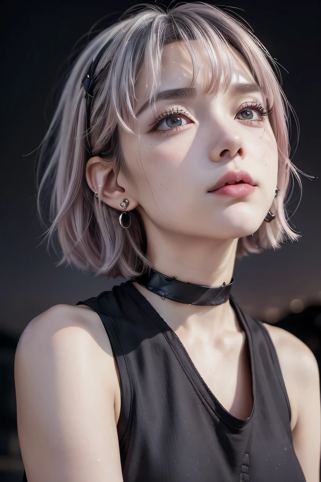 ((Kyoto at night)), ((Black sleeveless)), ((Looking up at the night sky and gazing at the stars)), ((Sad expression)), ((Best quality)), ((Highest quality)), ((Super detailed)), ((Highest detail), Realistic, ((Brown eyes)), Beautiful skin, Sexy eyes, ((Extremely beautiful)), Droopy eyes, ((Short bob)), Black choker, Curly hair ends, Gal, ((Light gray and pale pink hair)), ((Earrings)),