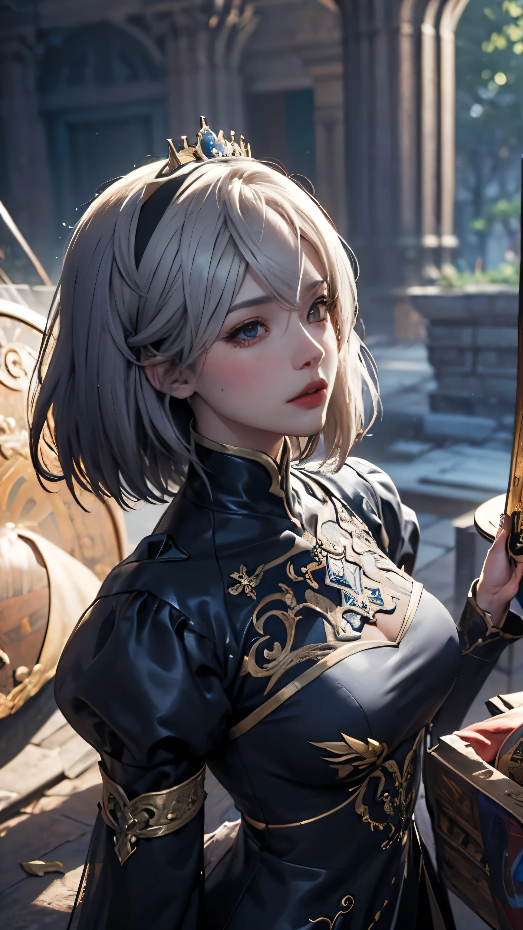 (( (masterpiece),(Very detailed CG Unity 8k wallpaper),(Bust Shot:1.5), highest quality,Cinema Lighting,Photorealistic, Detailed Background,Beautiful and beautiful eyes,Bright Eyes,(Very elegant and beautiful),(Beautifully detailed eye depiction),Very detailed,masterpiece,High resolution)), Richly decorated armor, Beautiful Female Warrior, short hair, Platinum Blonde Hair, Cleavage、Various actions、Various clothes、Red costume