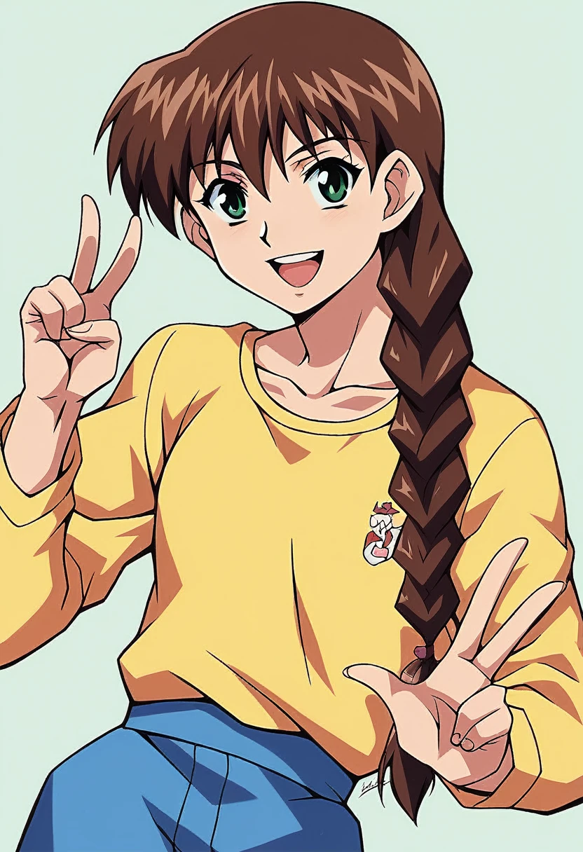 1girl, solo, MiyanoshitaSatsuki, brown hair, green eyes, single braid, long hair, yellow shirt, long sleeves, raglan sleeves, Masterpiece, beautiful art, professional artist, 8k, very detailed face, very detailed hair, mouth open, smile, v, peace sing, collardbone, best quality,