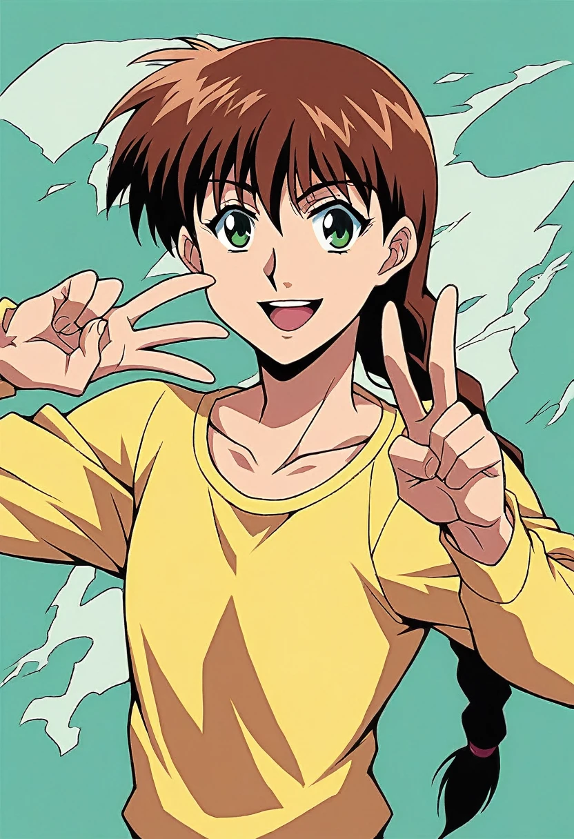 1girl, solo, MiyanoshitaSatsuki, brown hair, green eyes, single braid, long hair, yellow shirt, long sleeves, raglan sleeves, Masterpiece, beautiful art, professional artist, 8k, very detailed face, very detailed hair, mouth open, smile, v, peace sing, collardbone, best quality,