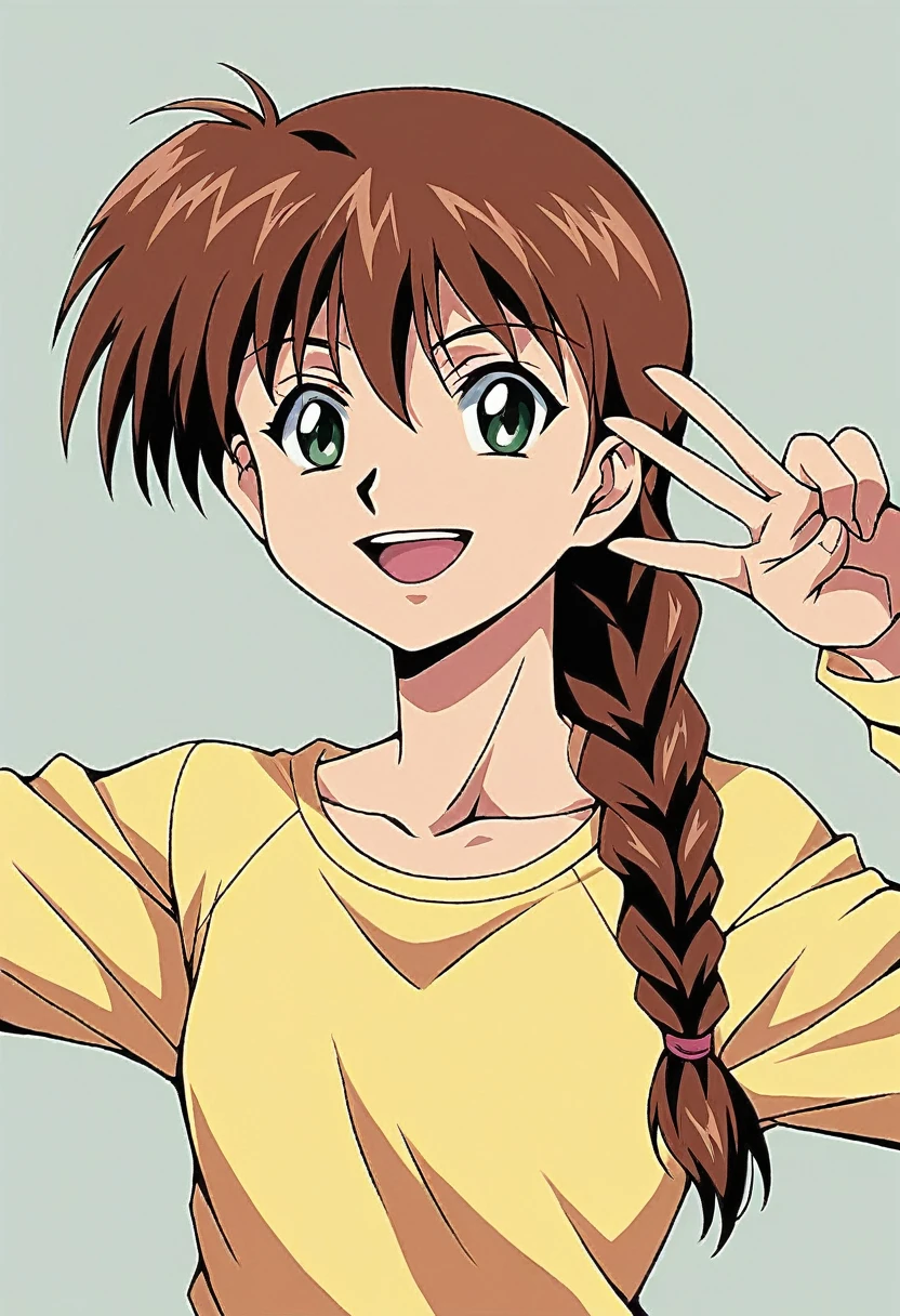 1girl, solo, MiyanoshitaSatsuki, brown hair, green eyes, single braid, long hair, yellow shirt, long sleeves, raglan sleeves, Masterpiece, beautiful art, professional artist, 8k, very detailed face, very detailed hair, mouth open, smile, v, peace sing, collardbone, best quality,