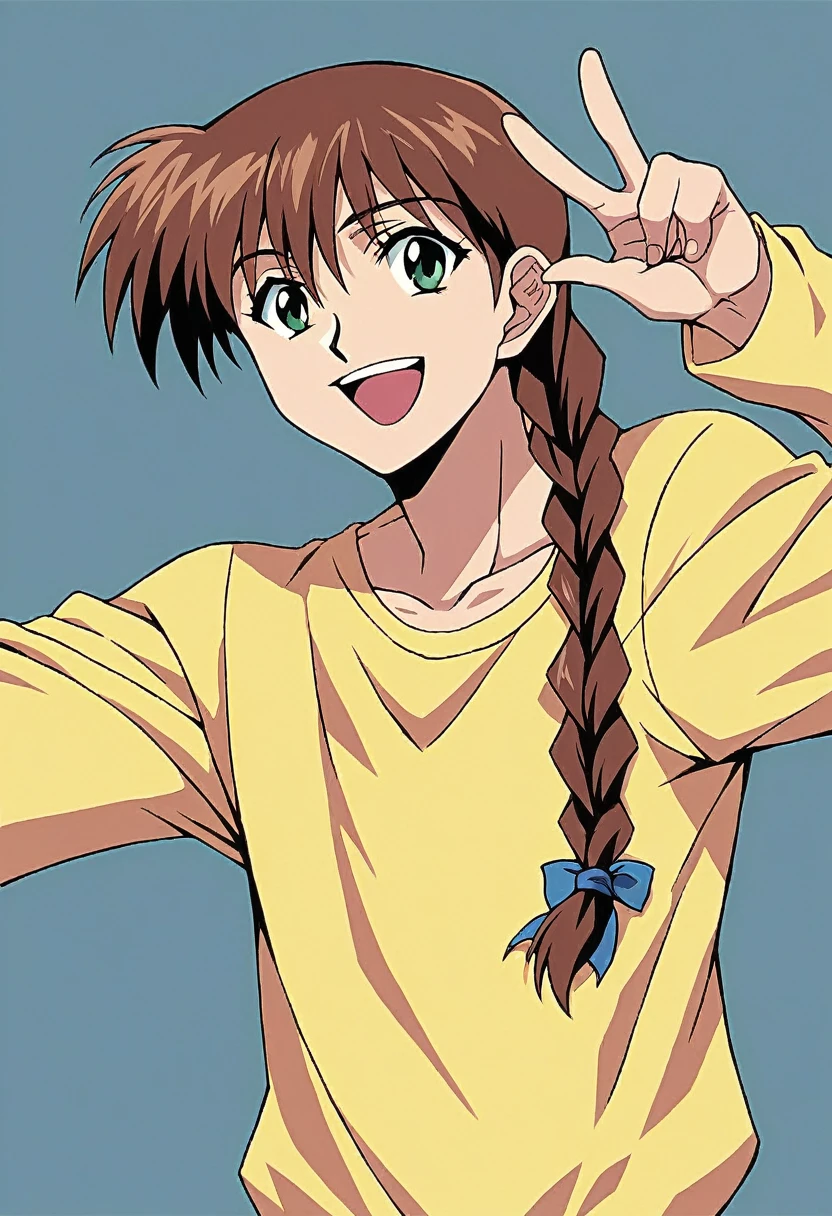 1girl, solo, MiyanoshitaSatsuki, brown hair, green eyes, single braid, long hair, yellow shirt, long sleeves, raglan sleeves, Masterpiece, beautiful art, professional artist, 8k, very detailed face, very detailed hair, mouth open, smile, v, peace sing, collardbone, best quality,