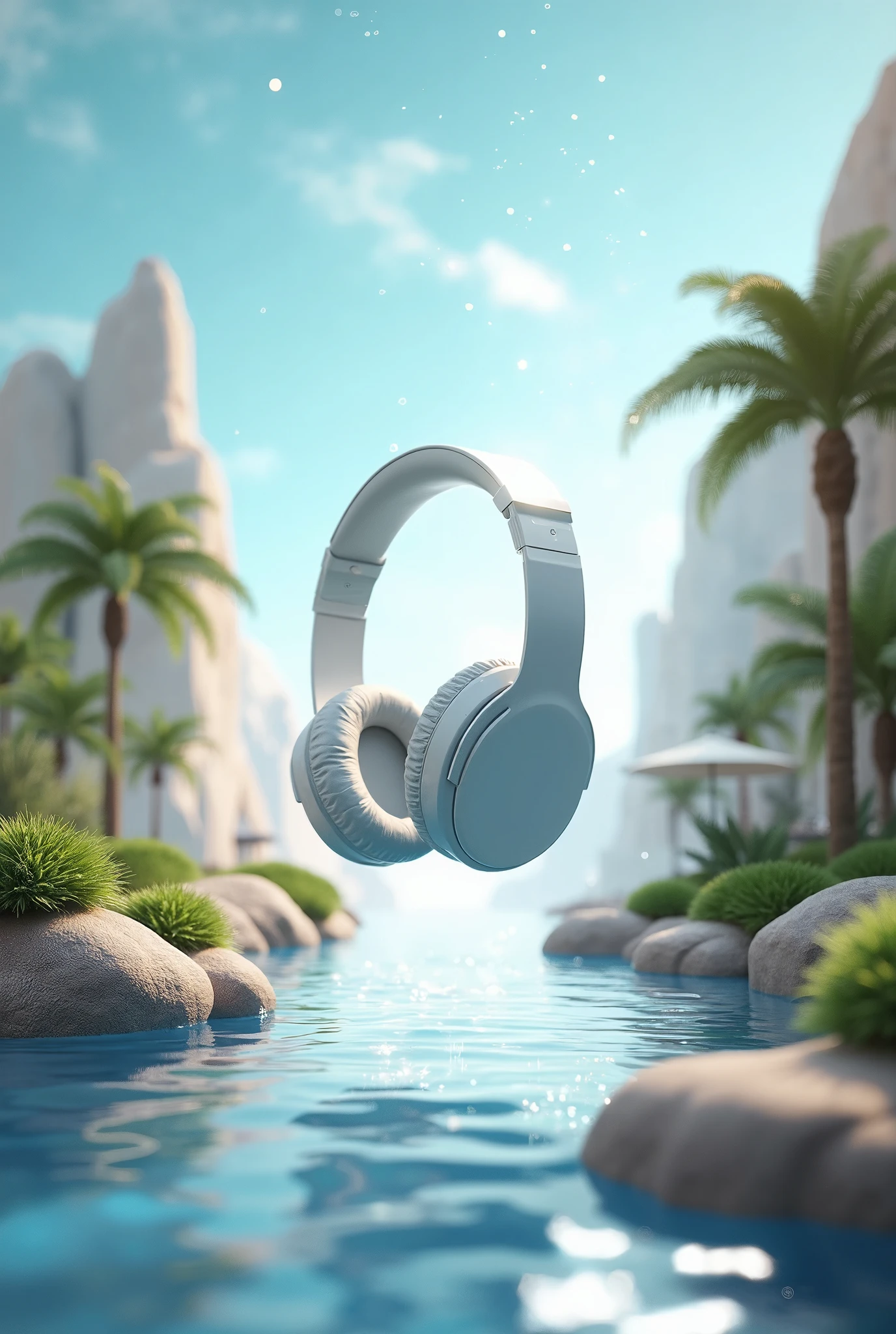 C4D modeling,OC rendering,White headphones floating in the air,Desert oasis in the background,Supernatural scenery