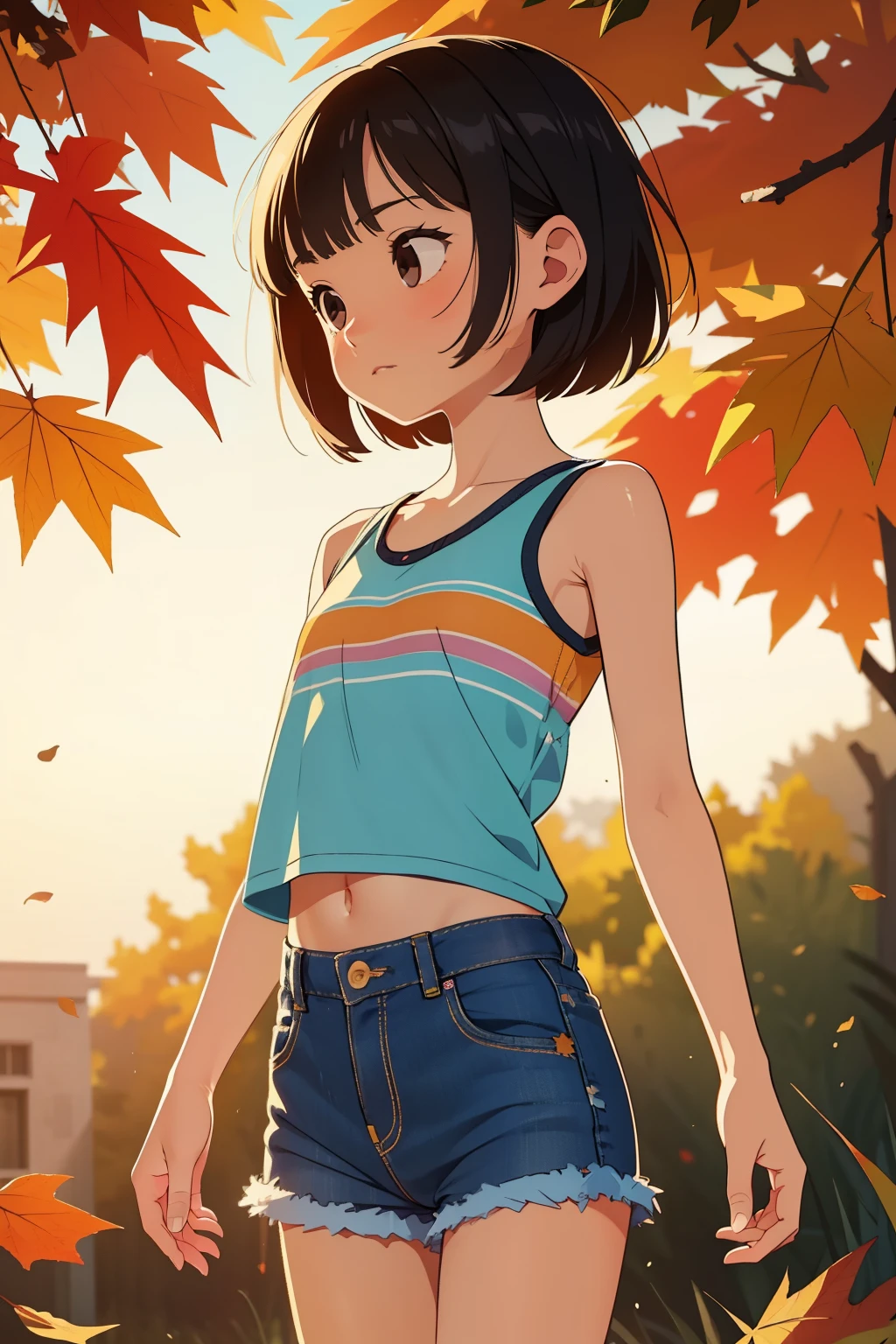 Actual image, Alone, Very young very ，Boyish Girl，Small children，Elementary school girl，Very short stature，Very flat chest，Very short legs，Thin limbs，Sheer tank top and denim cutoffs with fringed hem. abdomen. Thin thighs and a round little ass, beautiful, colorful, Super detailed, 16k, Studio Ghibli style，Autumn evening，Beautiful sunset，autumn leaves，