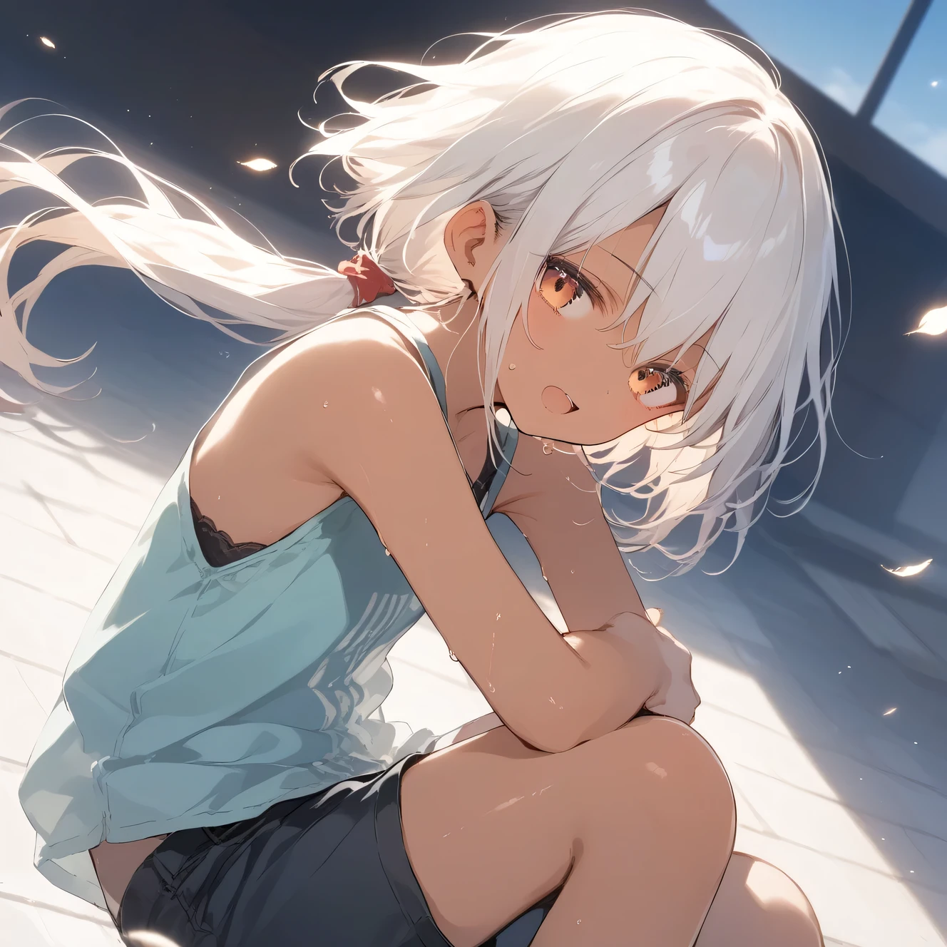 score_9, score_8_up, score_7_up, source_anime, best quality, masterpiece, official art, absurdres, highres, ultra-detailed,waifu2x,Collection: Slice of Life,break,1girl,tomboy, dark-skinned female, short hair, low ponytail, flat chest, beautiful detailed eyes, open mouth, (yawn:0.3), shorts, sweat, wind, outdoors,(Detailed Lighting), (Detailed background),break,(clear line illustration:1.2), super detailed skin,very high resolution, very aesthetic cg, Best sexual lighting powered by famous artist, 8k, 16k, cute picture,beauty illustration,photoshop_(medium),,(Detailed Lighting),best anime 8k konachan wallpaper, pixiv contest winner, ((artist:orion_(orionproject) )),