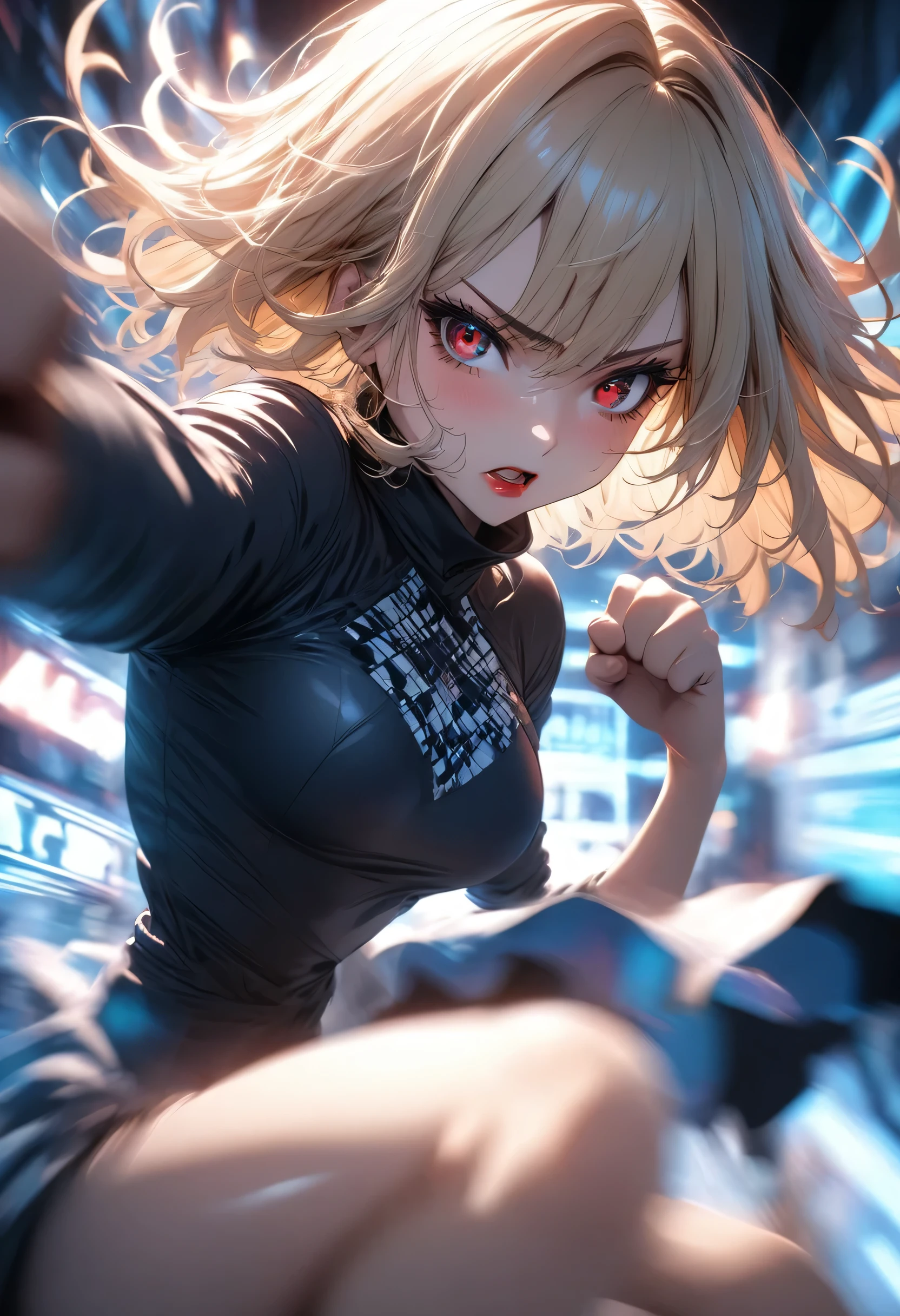 #quality(8k wallpaper of extremely detailed CG unit, ​masterpiece, hight resolution, top-quality, top-quality real texture skin,hyper realisitic, digitial painting,increase the resolution,RAW photosbest qualtiy,highly detailed,the wallpaper),solo,a jk girl is hard punching you by bare fist,#1girl(cute, kawaii,hair floating,messy hair,blonde hair,long hair,messy hair,pony tail hair,skin color white,eye color blue,eyes shining,big eyes,breast,angry face,punching you by her fist,dynamic pose,dynamic angle,sweat,,), BREAK ,#fist(motion blur:2.0),#background(school,),(when drawing the hand please draw them very correctly for sure),[nsfw]each hand five fingers