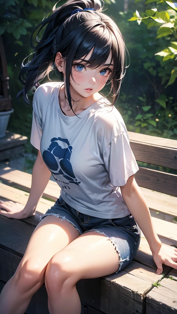 (masterpiece,best quality,ultra-detailed,intricate,detailed face,detailed eyes,beautiful eyes),(((rain:1.5,屋外:1.3、屋外:1.3,大都市の裏路地)))、(((1woman,wet:1.5,wet:1.5,wet:1.5,濡れた衣服:1.5))),(((傘は無い:1.5)))、cowboy shot,20歳の美女、dark blue hair,medium bob hair:1.3,tearful,sad,(micro shorts, 白色のTシャツ、濡れた衣服:1.5),(slender body,medium breasts,gleaming skin),sitting,from front,(depth of field:1.2),nsfw,