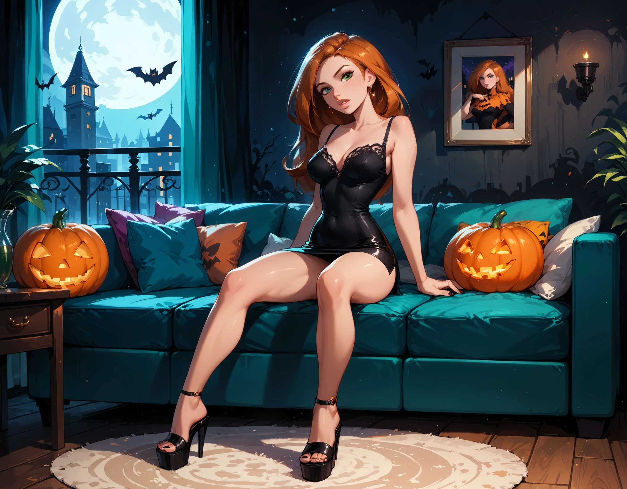 score_9,score_8_up,score_7_up, 1girl, solo, very sexy (kim possible:1.2), black lace dress, short dress, wedge sandal, confident, flirt, gaze, sexy look, head tilt, filled lips, thick lips, sitting, in the living room, beautiful modern apartment, city living, (Halloween theme:1.3), night, dark, (full body in view:1.2), dimly lit, expressiveh d4rk01l, perfect hands, perfect proportions.