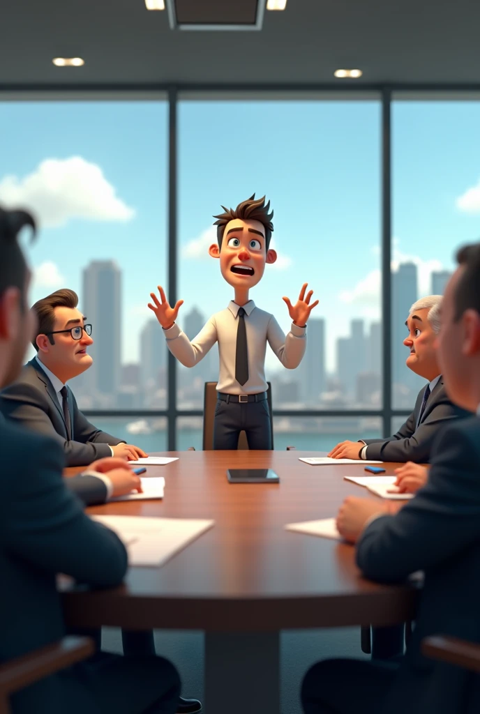 （High image quality、4K、8k、High Definition）、Office worker giving a presentation、In a cold sweat、The CEO and other bosses are listening.、Explanation of gestures used by an office worker who wants the go-ahead、In the conference room、Comical pictures、Comedy touch、High Quality３D Animation、Pixar Style