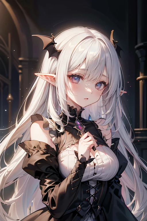 Insanely detailed photograph of a gorgeous vampire elf girl, Gothic Renaissance, Long, thick white hair, Complex white eyes, Amazing, vampire, Ethereal, Ultra Detailed, 32k resolution, Dynamic Lighting, Ultra Detailed, Complex details, Popular on artstation, Tricolor, Volumetric Lighting, Balenciaga style
