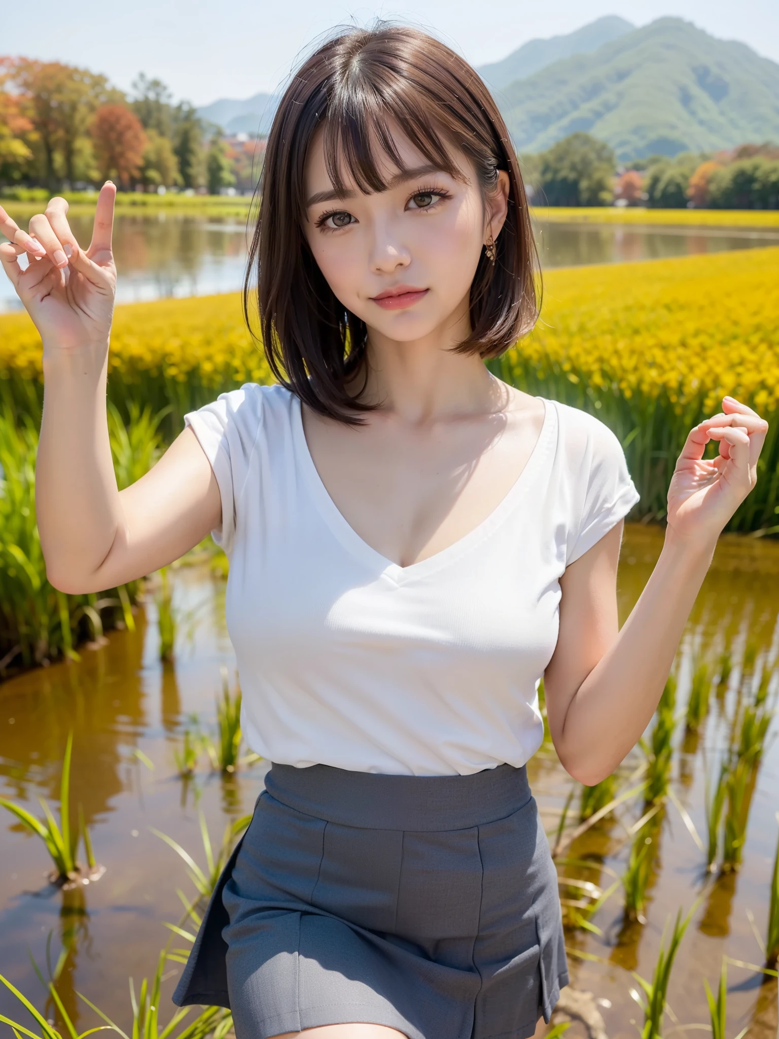 (8K、top-quality、​masterpiece:1.2)、(reallistic、Photorealsitic:1.2)（ultra-detailliert、hight resolution）(Slouched:1.3)、crouching down、(From  above:1.2)、(a closeup:1.4)Open your legs、（Sit with your knees upright:1.4）downbrouse、(Play Cajon)、Smirk,Alafed Girl, chiho, iwakura lain, closeup Iwakura Lain, With short hair, Shiori Teshirogi, Kotegawa Yui, hime-cut, She is 18 years old, sui ishida with black hair, lain iwakura, girl cute-fine-face, Clear pubic contours,(Small breasts), hight resolution, ighly detailed, top-quality, [​masterpiece:1.6],, ighly detailed, nffsw, finely detail, top-quality, , Cinematographic lighting, 1girl in、Cute Japan Girls、perfect body type、, cute droopy eyes beautiful big eyes、Transcendent beauty　top-quality、​masterpiece、majicMIX Real、(Raw photography:1.2)、(Photorealsitic:1.4)、university campus、Shot from above　Negative Prompt