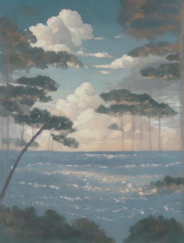 Create an illustration resembling a heavenly, serene landscape in the style of a refined oil painting. The design should be elegant and artistic, leaning toward a stylized, sophisticated aesthetic rather than a highly realistic one. The scene should evoke the beauty and tranquility of paradise, with soft lighting, ethereal clouds, and harmonious colors that suggest a peaceful and dreamlike environment.