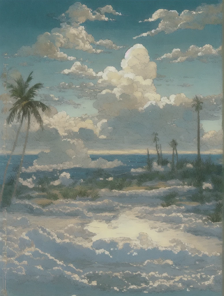 Create an illustration resembling a heavenly, serene landscape in the style of a refined oil painting. The design should be elegant and artistic, leaning toward a stylized, sophisticated aesthetic rather than a highly realistic one. The scene should evoke the beauty and tranquility of paradise, with soft lighting, ethereal clouds, and harmonious colors that suggest a peaceful and dreamlike environment.