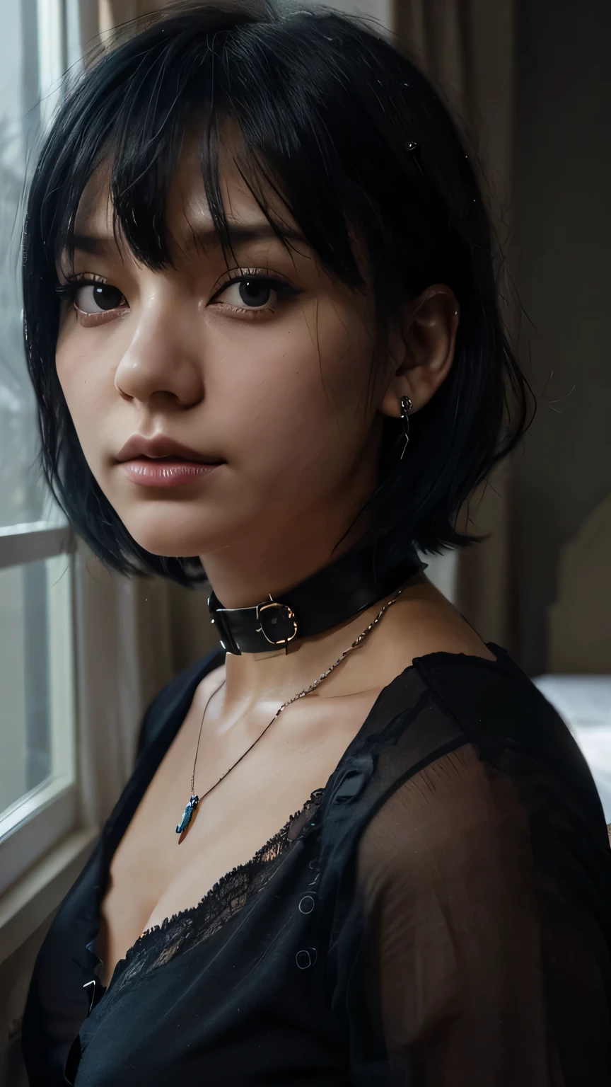 ((NECK LACE)), ((GOTH GIRL BLACK EYELASHES & LIPS)), ((BLACK LIPS)), ((shorthaircut:1.3)), adorable, 1 girl, (face to face), , baby face, happy, half body portrait, (face details: 1), (eye details: 1), ((tiny breasts)). ((croptank)), ((net stockings)). G-String & Thong , welcome to the jungle, ((SHINY SKIN :1.3))