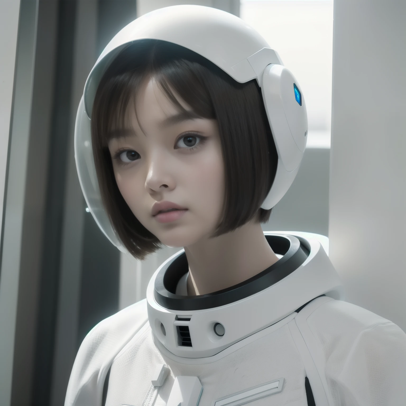 A female android with a short bob and a baby face、Extraterrestrial activity version、Wearing a white space suit, partially see-through、