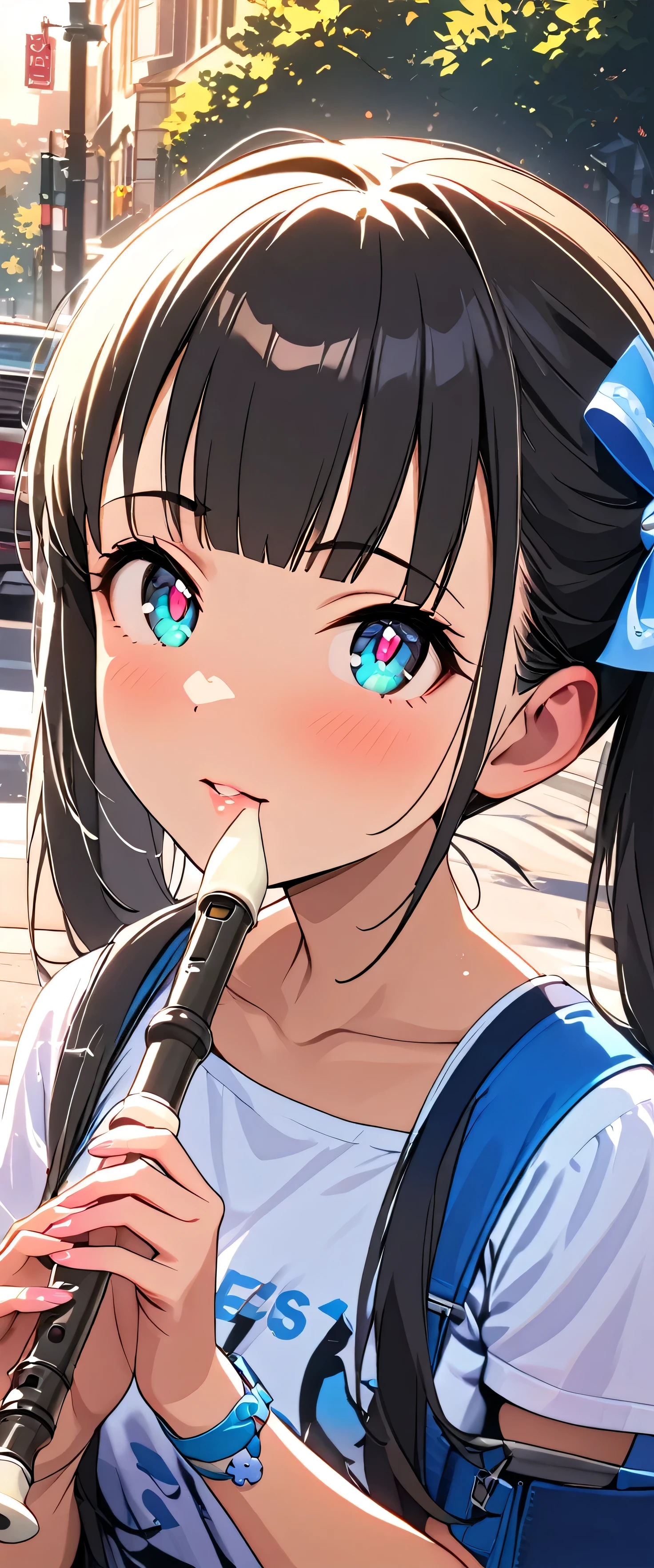 (beautiful girl: 1.3),One girl,masterpiece, Please redeem, Ultra-high resolution,Rich contrast,super high quality,8k,High-definition CG unit wallpaper,Texture,Very absurd,Ultra-high resolution,RAW Photos,Please redeem anime,Depth of written boundary 1.2,(Black Hair,high twintails,Straight bangs),Very detailed eyes,Glowing Skin,Glitter Effect,Beautiful glossy lips,street tree,Sidewalk,recorder,A girl who looks about ,(Face close-up:1.5),etc