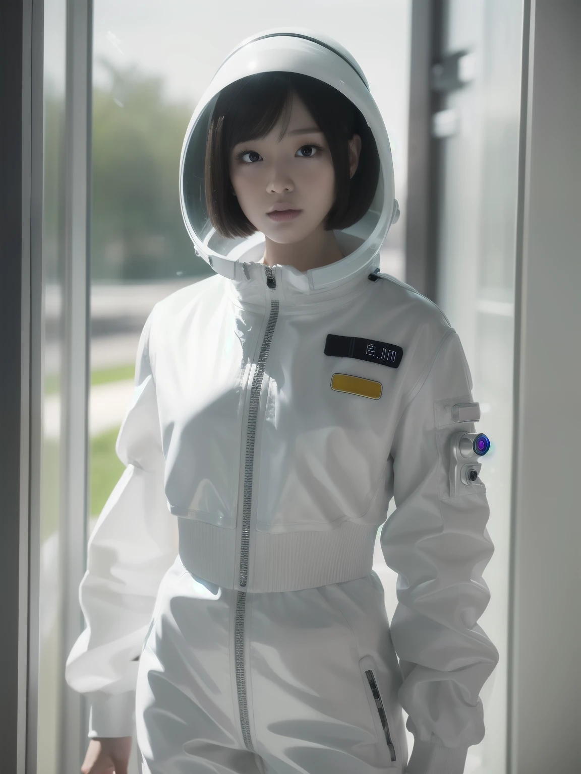 A female android with a short bob and a baby face、Extraterrestrial activity version、Wearing a white space suit, partially see-through、