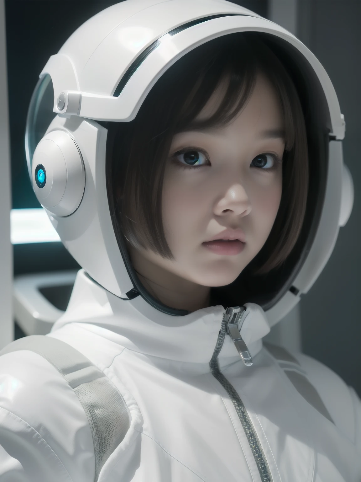 A female android with a short bob and a baby face、Extraterrestrial activity version、Wearing a white space suit, partially see-through、