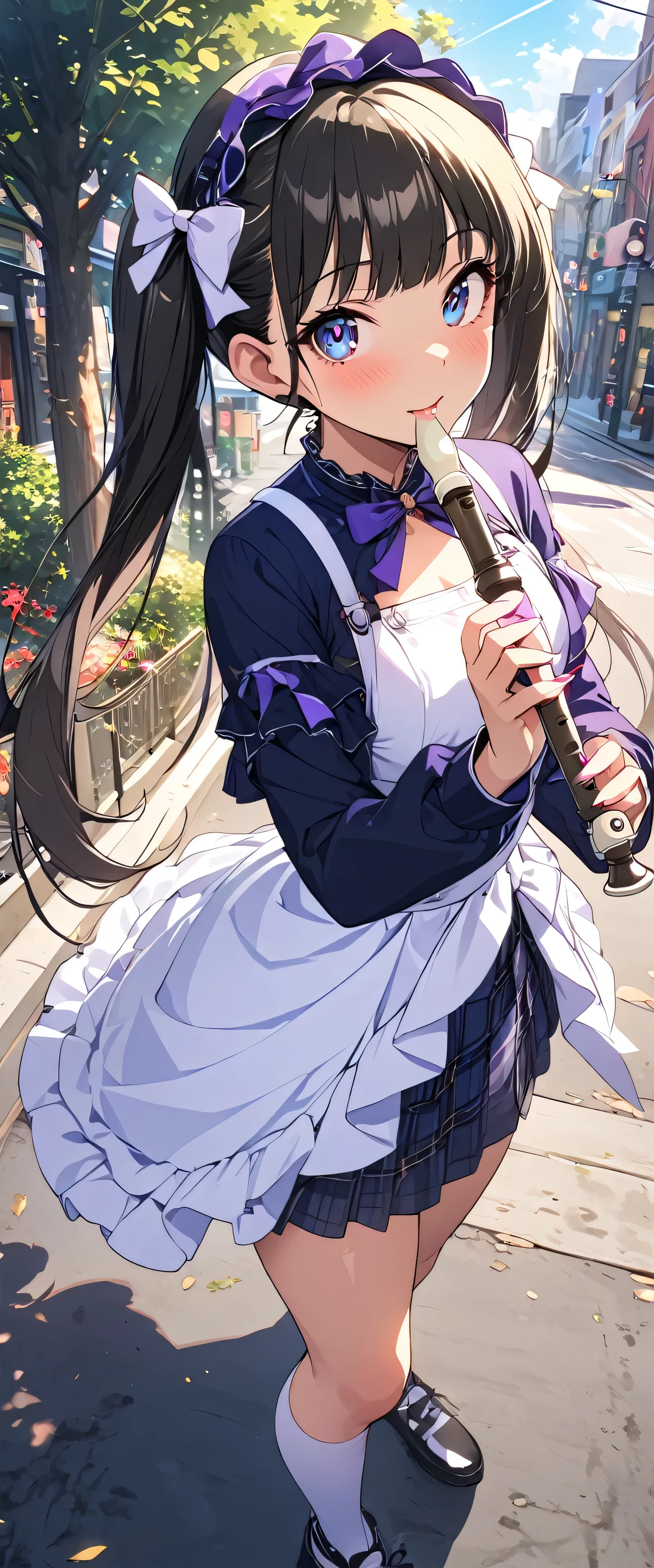 (beautiful girl: 1.3),One girl,masterpiece, Please redeem, Ultra-high resolution,Rich contrast,super high quality,8k,High-definition CG unit wallpaper,Texture,Very absurd,Ultra-high resolution,RAW Photos,Please redeem anime,Depth of written boundary 1.2,(Black Hair,high twintails,Straight bangs),Very detailed eyes,Glowing Skin,Glitter Effect,Beautiful glossy lips,street tree,Sidewalk,recorder,A girl who looks about ,overlooking,(magnificent panorama view:1.3)