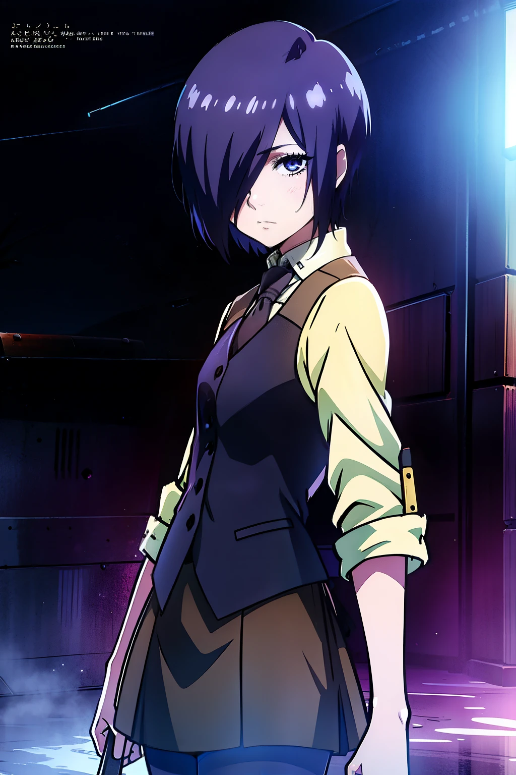 Touka Kirishima, Tokyo Ghoul, blue-violet eyes, blue-violet hair, beautiful and calm facial features, short hair covering the left side of her face, white shirt, necktie, sleeves rolled up, black vest, brown skirt, pantyhose
