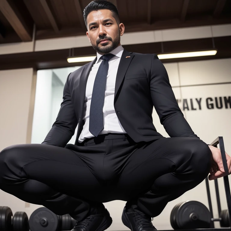 40 years old，Hidetoshi Nakata，（Kogoro Mori 1.3），whole body，Lean，muscle，office，Purple socks，Feet raised，On the table，Standing，Baldhead ，transparent，Thick body hair，underwear，???????，Densely hairy，Fortitude，HD，With a mustache