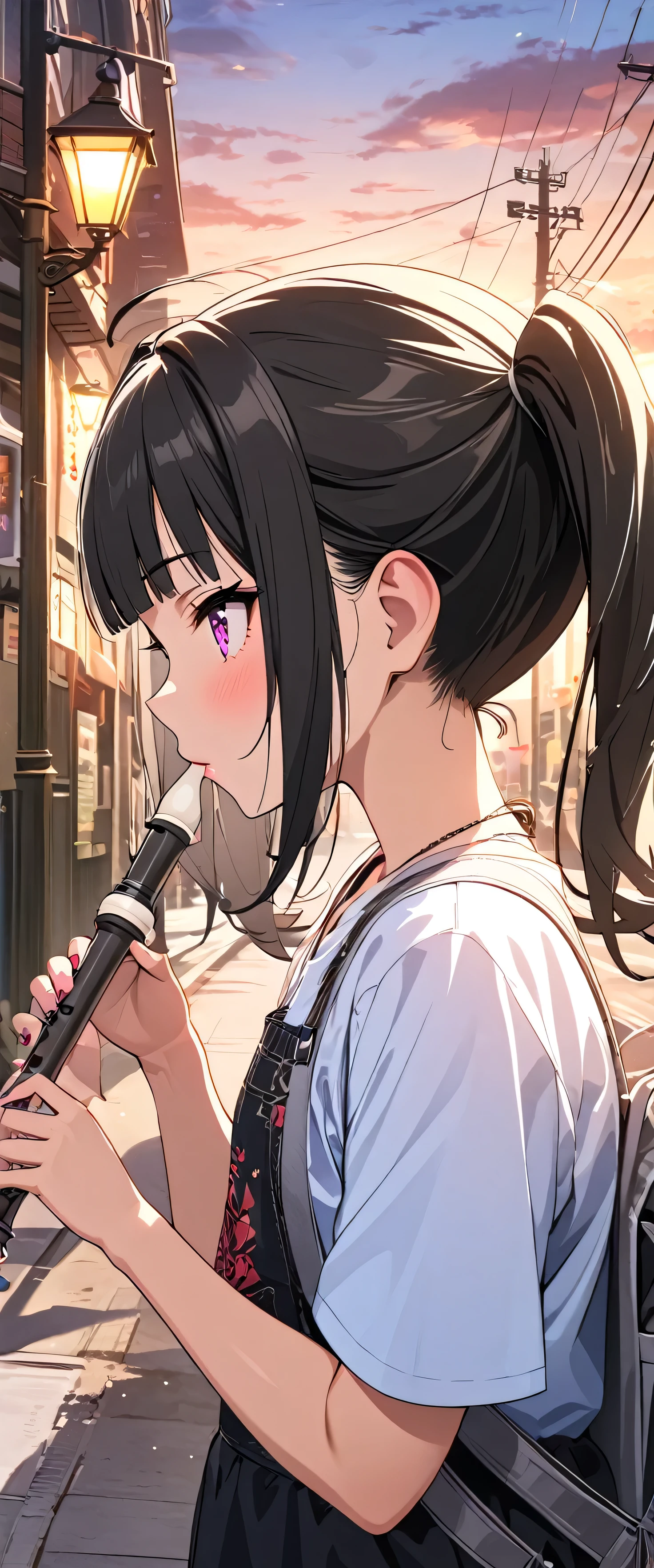 (beautiful girl: 1.3),One girl,masterpiece, Please redeem, Ultra-high resolution,Rich contrast,super high quality,8k,High-definition CG unit wallpaper,Texture,Very absurd,Ultra-high resolution,RAW Photos,Please redeem anime,Depth of written boundary 1.2,(Black Hair,high twintails,Straight bangs),Very detailed eyes,Glowing Skin,Glitter Effect,Beautiful glossy lips,street tree,Sidewalk,recorder,A girl who looks about ,etc,(profile:1.5)