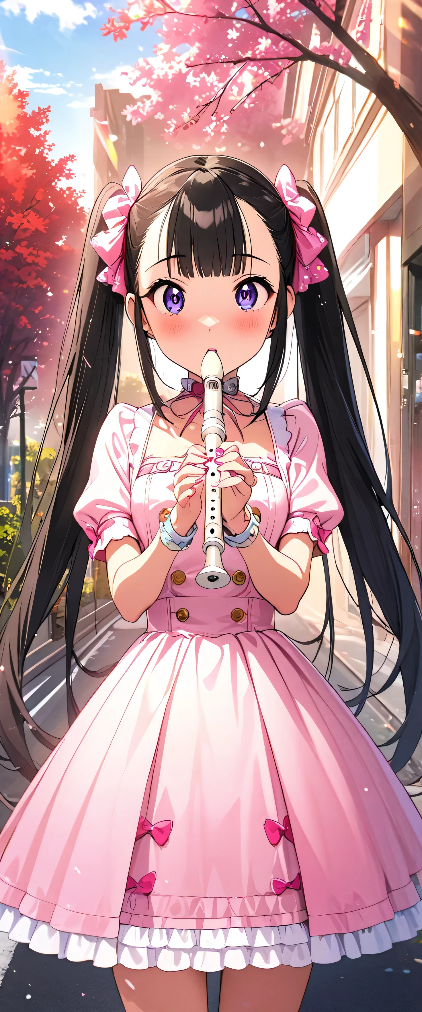 (beautiful girl: 1.3),One girl,masterpiece, Please redeem, Ultra-high resolution,Rich contrast,super high quality,8k,High-definition CG unit wallpaper,Texture,Very absurd,Ultra-high resolution,RAW Photos,Please redeem anime,Depth of written boundary 1.2,(Black Hair,high twintails,Straight bangs),Very detailed eyes,Glowing Skin,Glitter Effect,Beautiful glossy lips,street tree,Sidewalk,recorder,A girl who looks about ,(((Surprised))),((shock))