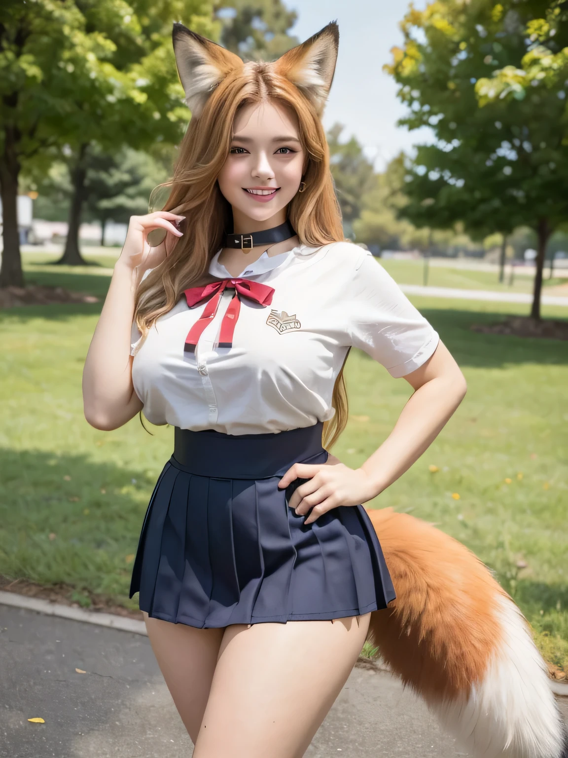 ((Best Quality, 8k)), ((masterpiece)), (Highest Resolution), Perfect Face, Woman with fox ears, Woman with a tail, Beautiful woman, She is a student at school, It was taken at school, Only one tail, She has thick thighs, Her big fox tail, I can see her fox tail, She wags her tail, With collar, She is wearing a school costume, Big Hips , Her fox tail is sticking out, Her tail is fox-colored, Smiling with teeth showing