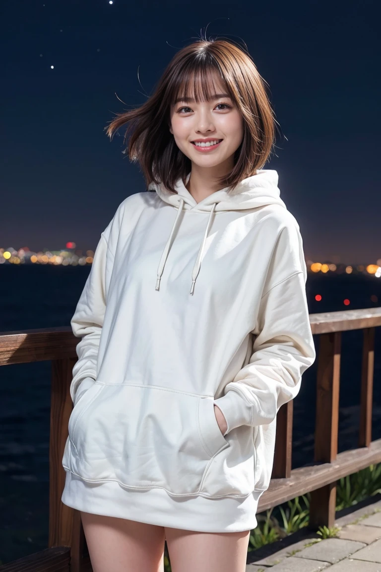 ((from below)), extremely detailed face, (grin), (solo), young woman, (medium bob hair), 20yo, delicate eyes, shiny lips, ((standing position)), looking at viewer, (huge breasts), full body, BREAK (overly long sleeves, oversized_hoodie), ((bare thigh)), outdoor, ((in Metropolis)), ((white sneaker)), beautiful hipline, BREAK (best quality), 8K, (photo realistic), absolutely resolution, ultra detailed, masterpiece, natural lighting, ((((hair blowing in the wind)))), ((night, night view, clear night sky, The sky is filled with stars))