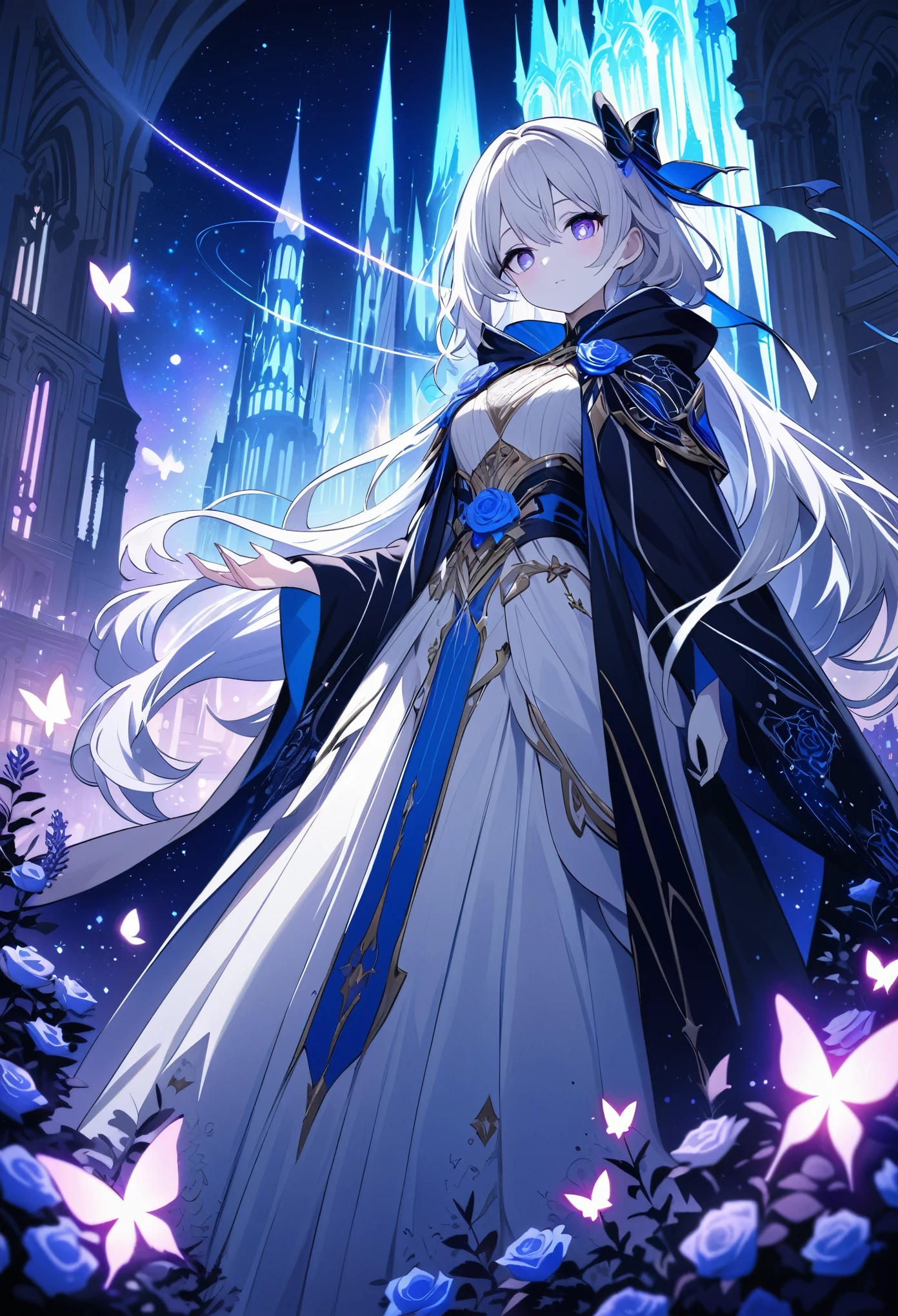 masterpiece, best quality, ultra-detailed, a vivid, high-contrast scene featuring a silver-haired young woman in a dark, ornate cloak decorated with glowing butterfly motifs. She stands in a vibrant night scene filled with swirling galaxies, bright stars, and an illuminated city with tall spires in the background. Her lavender eyes reflect the intense glow of the butterfly floating above her hand, casting a radiant light over her pale skin and silver hair. The colors are bold and striking, with deep blues, purples, and whites creating a dramatic contrast between the woman’s dark cloak and the glowing celestial background. The intricate details of her gown, adorned with a large bow and delicate blue roses, are highlighted by the intense lighting, creating a magical and otherworldly atmosphere. The overall composition is filled with energy and light, with the glowing butterflies and the vibrant night sky adding a sense of wonder and enchantment to the scene.