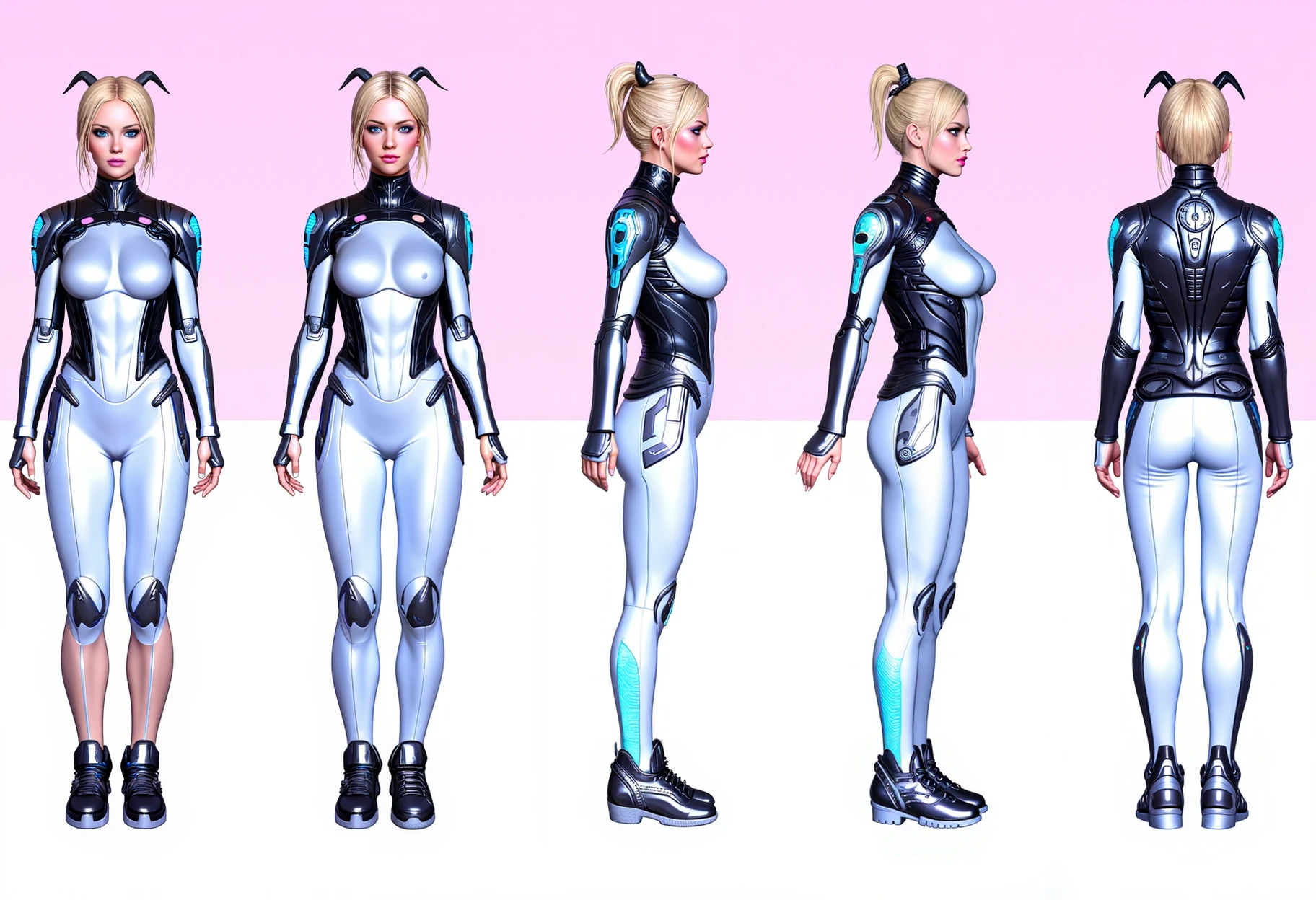 (Generate a character turnaround sheet featuring a detailed front, side, and back view )
breathtaking concept art of a girl, short blonde hair, perfect face, medium breasts, wearing a black armored (revealing:1.2) intricate ornate body suit, seductive pose, inside of a slimy organic shaped (surreal:1.2) alien building, (glowing stardust particles and aquamarine veins covering the black bone walls:1.3), (full body:1.4), mystic, science fiction, highly detailed, high contrast, 8k, award winning