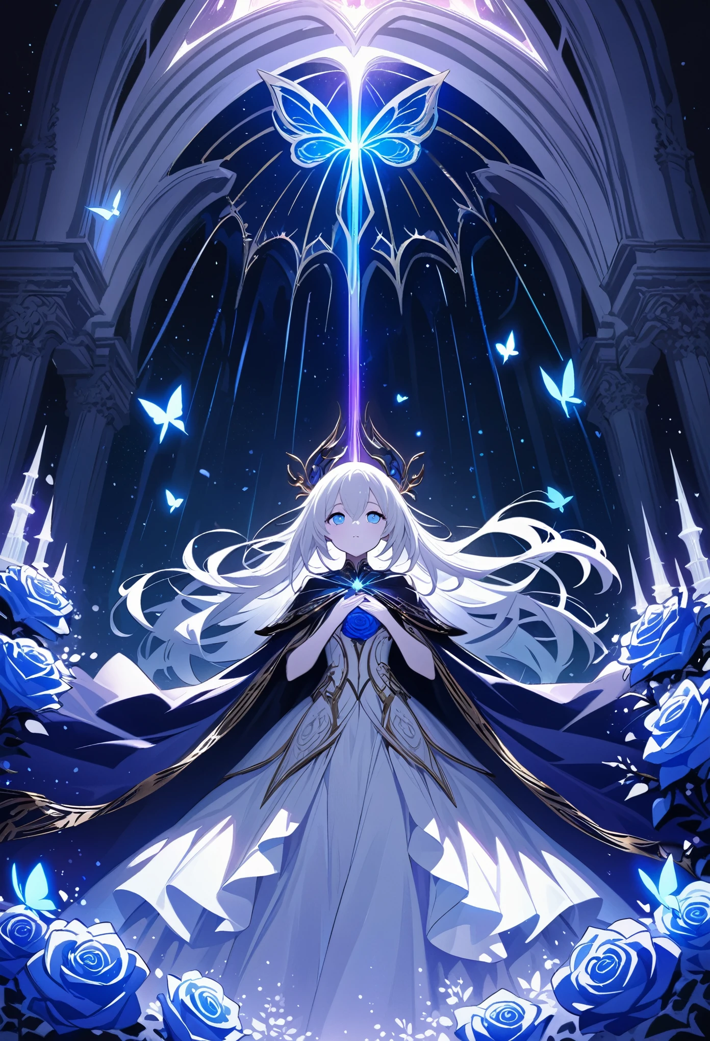 masterpiece, best quality, ultra-detailed, a vivid, high-contrast scene featuring a silver-haired young woman in a dark, ornate cloak decorated with glowing butterfly motifs. She stands in a vibrant night scene filled with swirling galaxies, bright stars, and an illuminated city with tall spires in the background. Her lavender eyes reflect the intense glow of the butterfly floating above her hand, casting a radiant light over her pale skin and silver hair. The colors are bold and striking, with deep blues, purples, and whites creating a dramatic contrast between the woman’s dark cloak and the glowing celestial background. The intricate details of her gown, adorned with a large bow and delicate blue roses, are highlighted by the intense lighting, creating a magical and otherworldly atmosphere. The overall composition is filled with energy and light, with the glowing butterflies and the vibrant night sky adding a sense of wonder and enchantment to the scene.