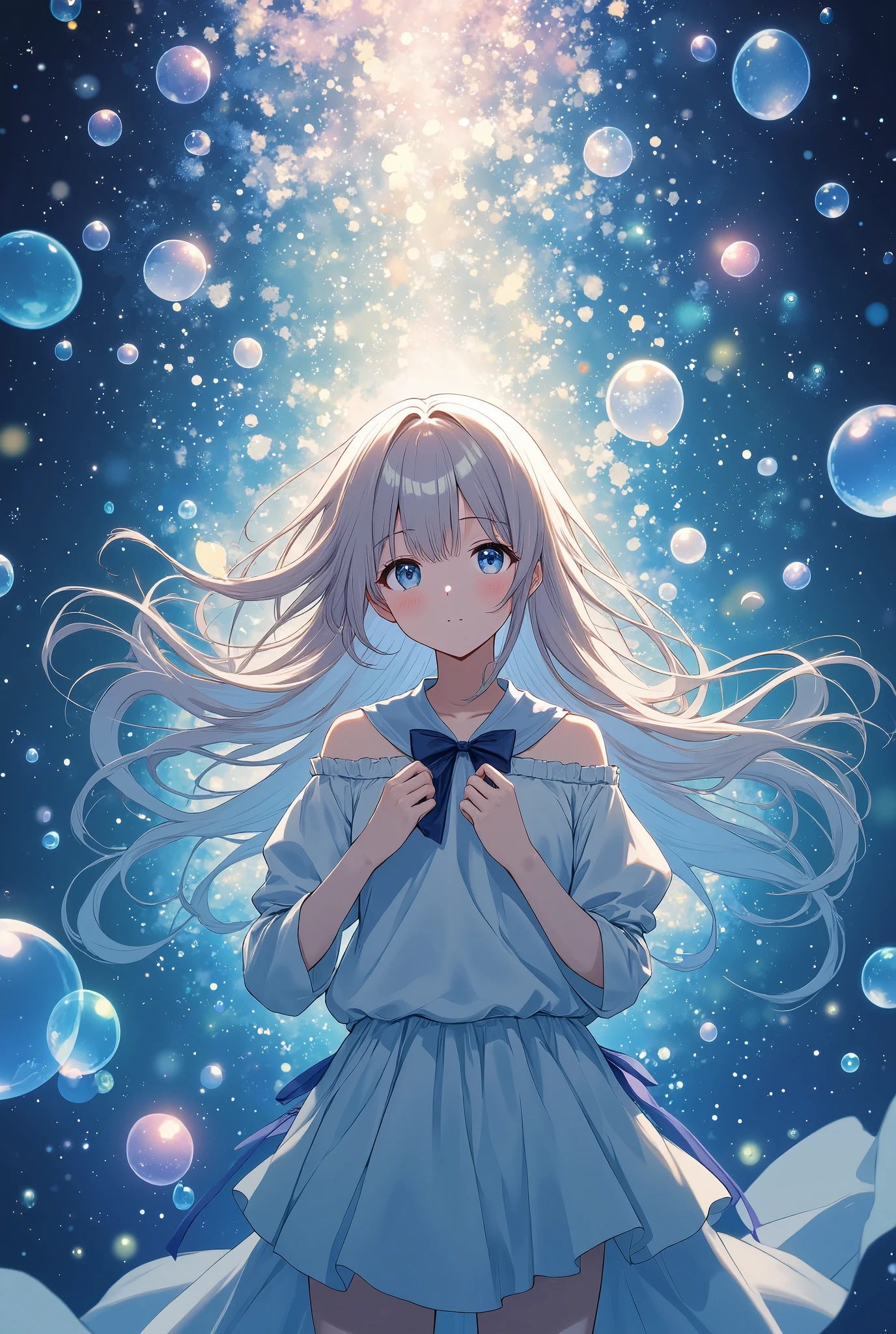 Light lines and light colors、Bubbles spread all over、A work that mainly uses bubbles、Beautiful bubble expression、Girl in the water、cute、The contrast between the deep blue and light blue of the deep sea