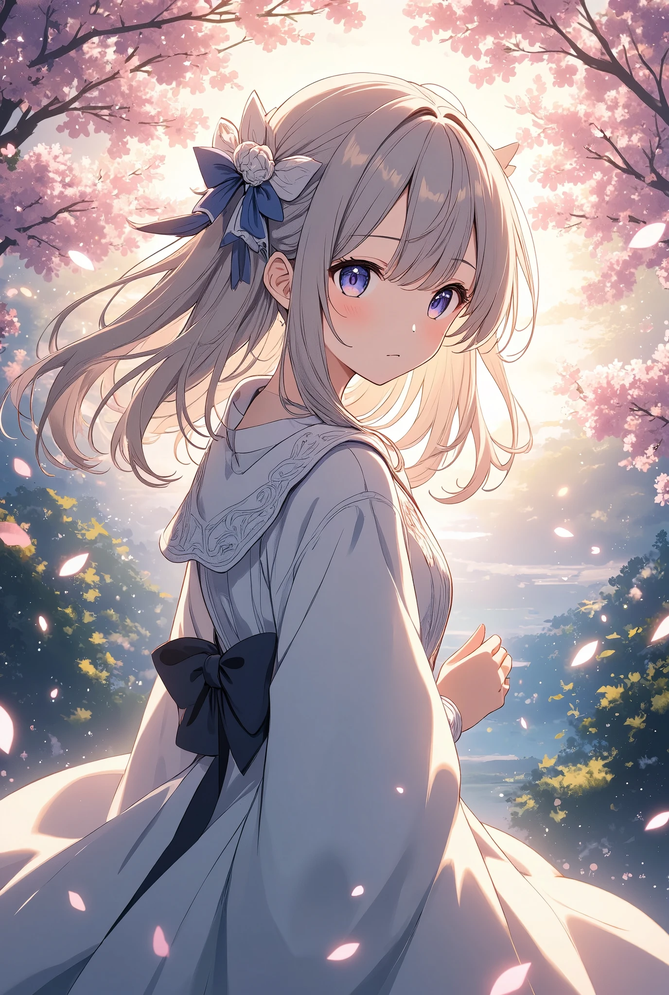 The pale lines and soft colors create a dreamy, ephemeral impression..,One Woman、Cherry blossom background in full bloom、Gorgeous kimono、Beautiful monster girl、Beautiful work