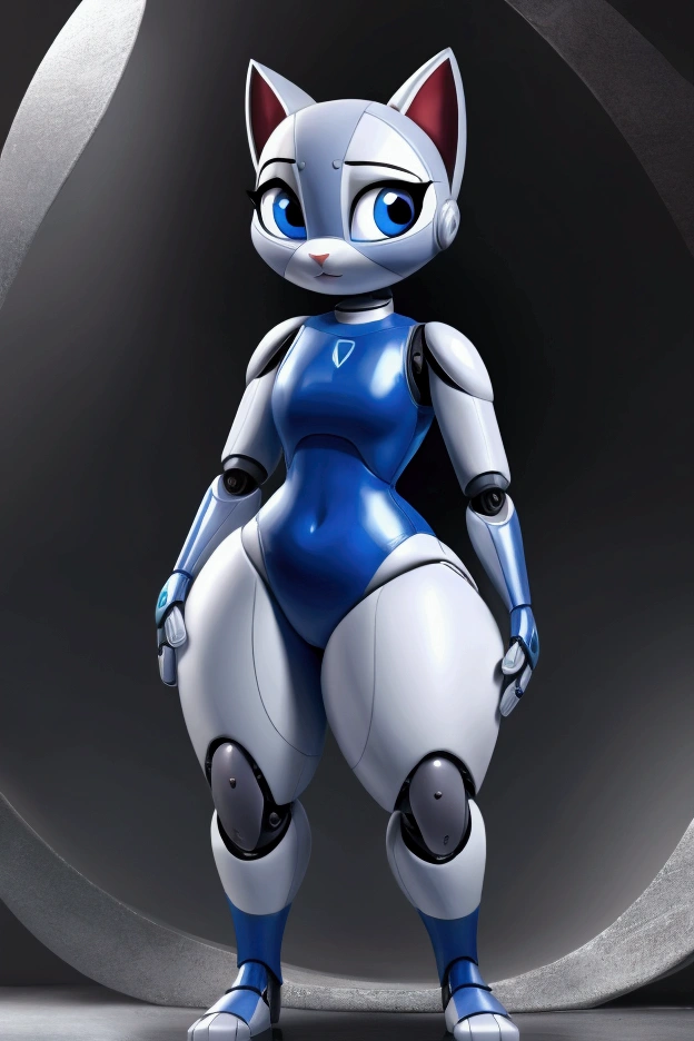 Little slim female robot kitten with nice big thighs and cute blue eyes and wearing a full body swimsuit and she is a robot kitten girl.