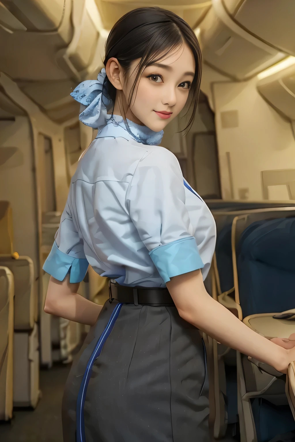 (masterpiece:1.2, Best Quality:1.2), 32K HDR, High resolution, (Alone、1 girl)、（On the roof of a building during the day、Professional Lighting）、Building rooftop background、（ANA cabincrew uniform blueを着たリアルスタイル）、（（ANA cabincrew uniform blue short sleeve blouse 、 ANA cabincrew uniform blue skirt with blue line on the back、Scarf around the neck））、Dark brown hair、（Long Hair、Hair tied up、Hair tied up）、Dark brown hair、Long Shot、Big Breasts、Thin legs、（（Great hands：2.0）），（（Harmonious body proportions：1.5）），（（Normal limbs：2.0）），（（Normal finger：2.0）），（（Delicate eyes：2.0）），（（Normal eyes：2.0））)、smile、（ANA cabincrew uniform blueを見せた美しい後ろ姿）、Hands down