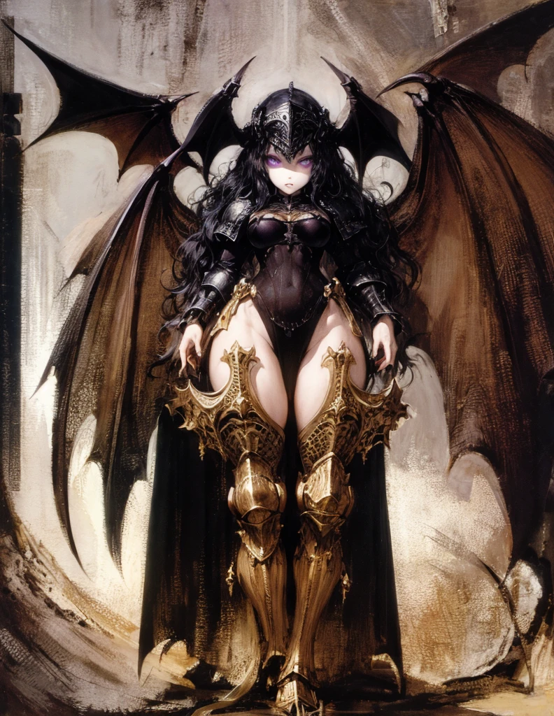 (best lighting) (best quality, masterpiece:1.2), (absurdres), 4k, (detailed eyes), (detailed face), ethereal demonic woman wearing medieval armour and bodysuit with short white hair, ((pale white skin)) and ((purple eyes)). Large bat wings. Curvy. She's standing in front of an old gothic castle illuminated by a large moon over head, ((black armour)), dark, moody, ((gothic)), ((dark fantasy)), medieval