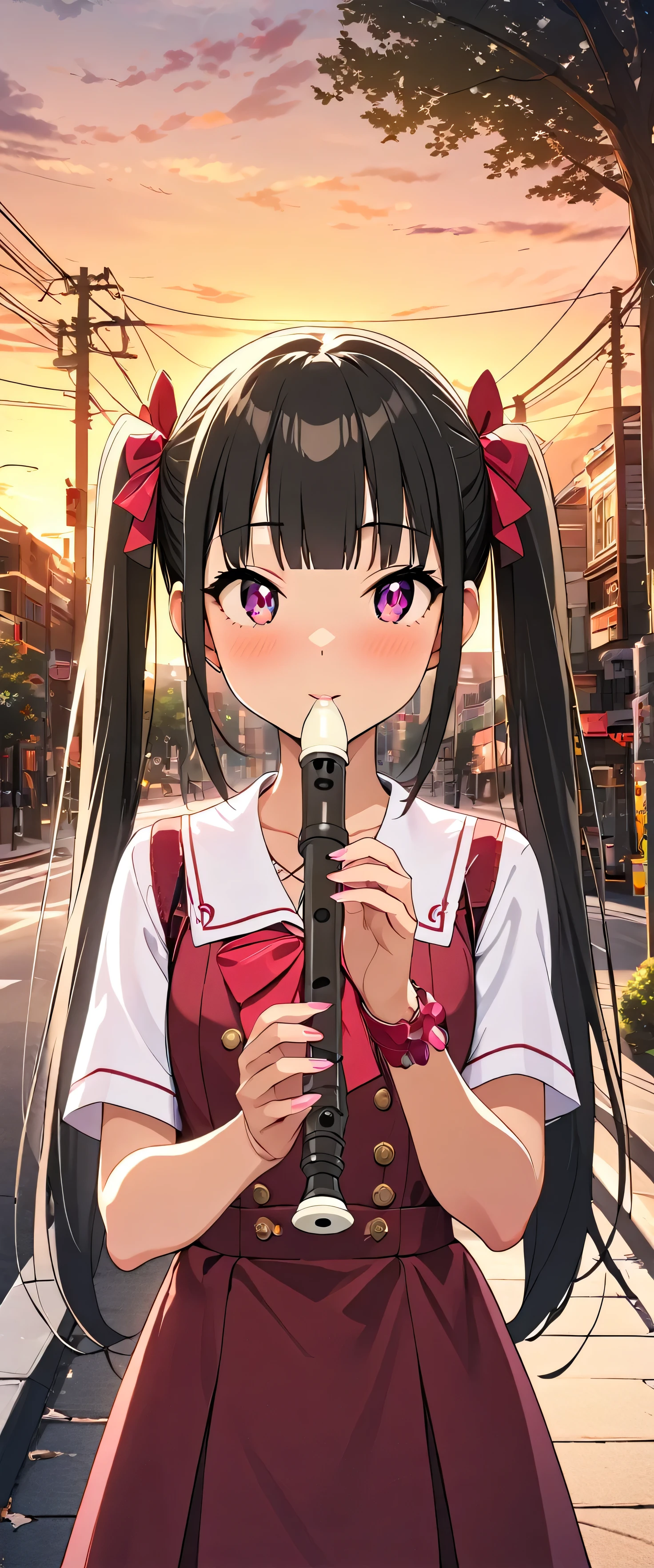 (beautiful girl: 1.3),One girl,masterpiece, Please redeem, Ultra-high resolution,Rich contrast,super high quality,8k,High-definition CG unit wallpaper,Texture,Very absurd,Ultra-high resolution,RAW Photos,Please redeem anime,Depth of written boundary 1.2,(Black Hair,high twintails,Straight bangs),Very detailed eyes,Glowing Skin,Glitter Effect,Beautiful glossy lips,street tree,Sidewalk,recorder,A girl who looks about ,etc