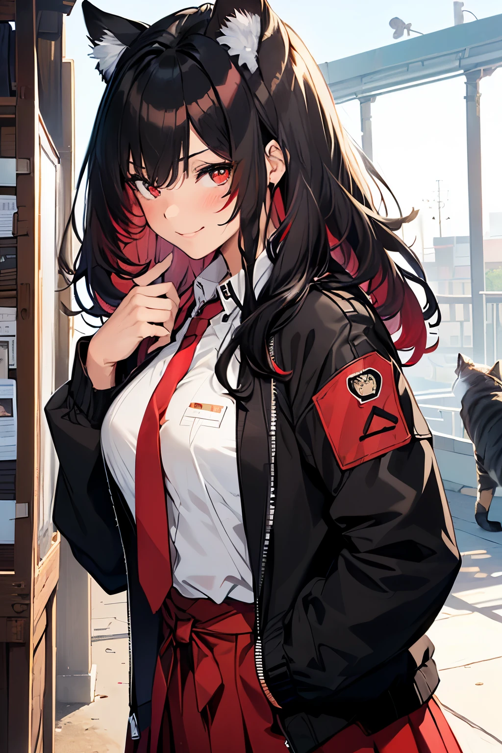((1girl, 1cat)), ((Beautiful woman:1.4)),(Realistic:1.4) (8k, RAW Photos), (masterpiece, ultra quality:1.2, 8k, beautiful), Very detailed face, Attention to detail,((1cat), brown, realistic) ,(girl:1.3, (girl touch cat) ,high detail, (smile), BREAK, ((black school uniform, black sailor suit, ((black lether jacket )), long skirt, white shirt, red necktie)) ,(shrine, upstairs) ,(Secret Illustration, (cool, fair skin, ((black Hair)), (red dip-dye hair), long hair, hairs between eyes) , red eyes, blush stickers) ,(Shine, Sophisticated))),from side