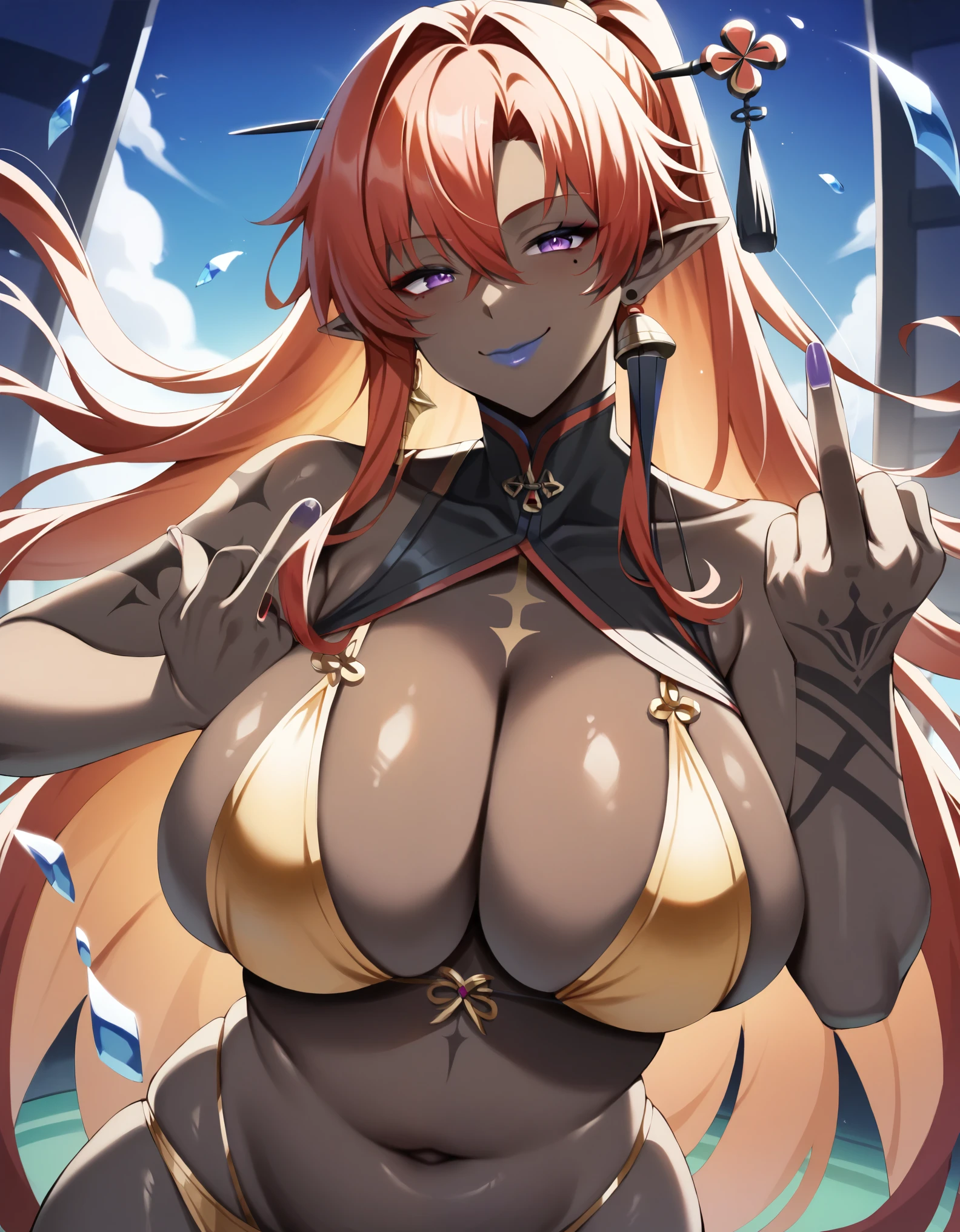 score_9, score_8_up, score_7_up, 1girl, (milf:1.2), solo, (dark skin, black skin:1.8), (fat:1.2), Characters: yinlin_(wuthering_waves), (large breasts:1.9), (((red hair), very long hair, hair between eyes, sidelocks, purple eyes, pointy ears)), blue lips, ((tattoos, golden bikini, panties)), ((naughty smile), closed mouth), ((middle finger, casino))